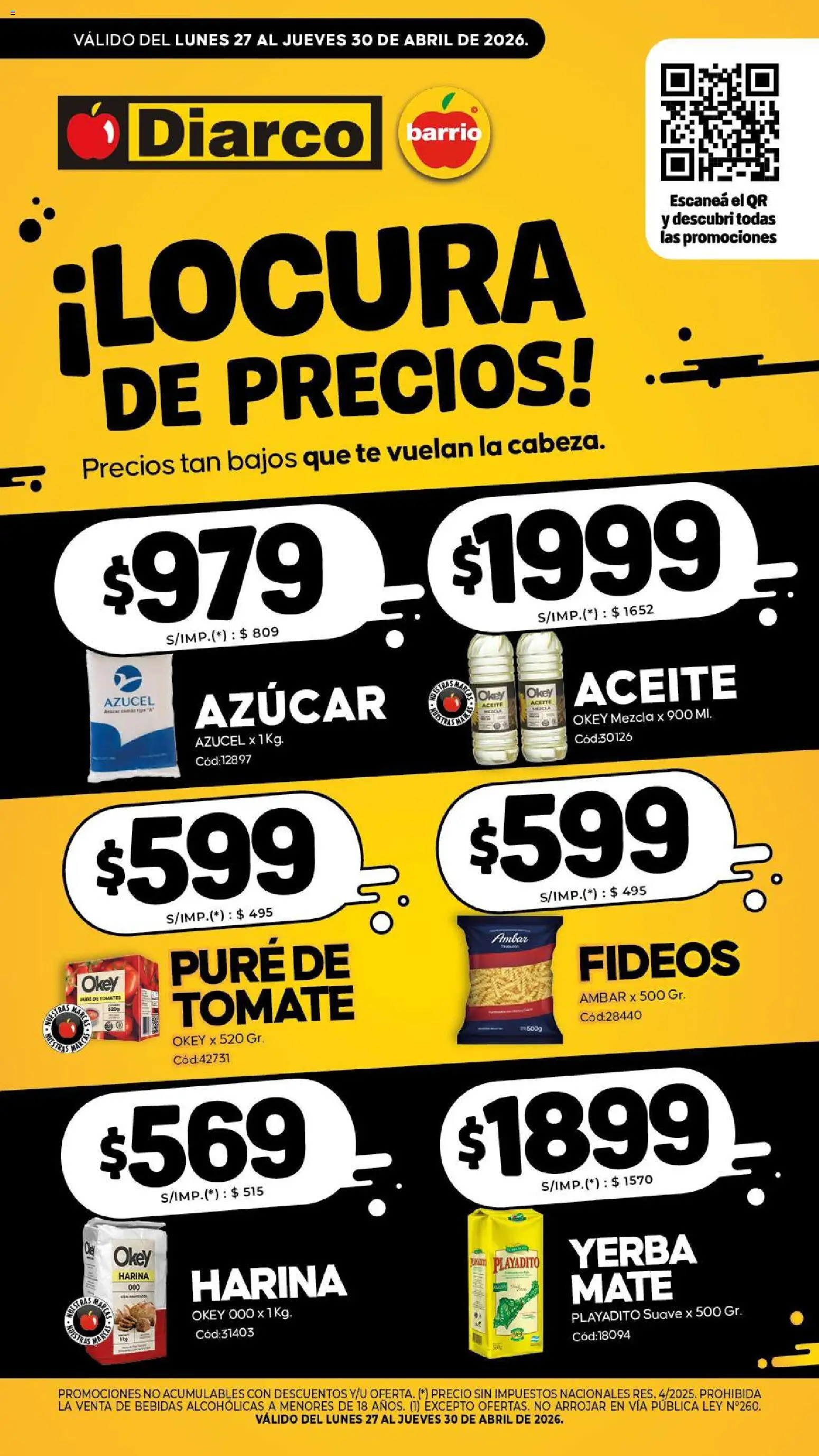 Diarco - Especial Locura De Precios │ válido desde el 27.04.2026 | Página: 1 | Productos: Harina, Yerba, Tomates, Fideos