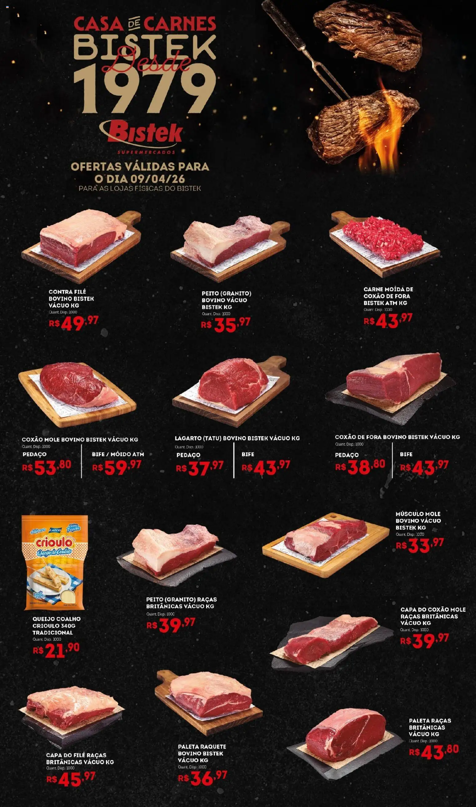 Bistek Supermercados Folheto - válido de 09.04.2026 | Página: 1 | Produtos: Contra filé, Queijo, Carne, Carne moída