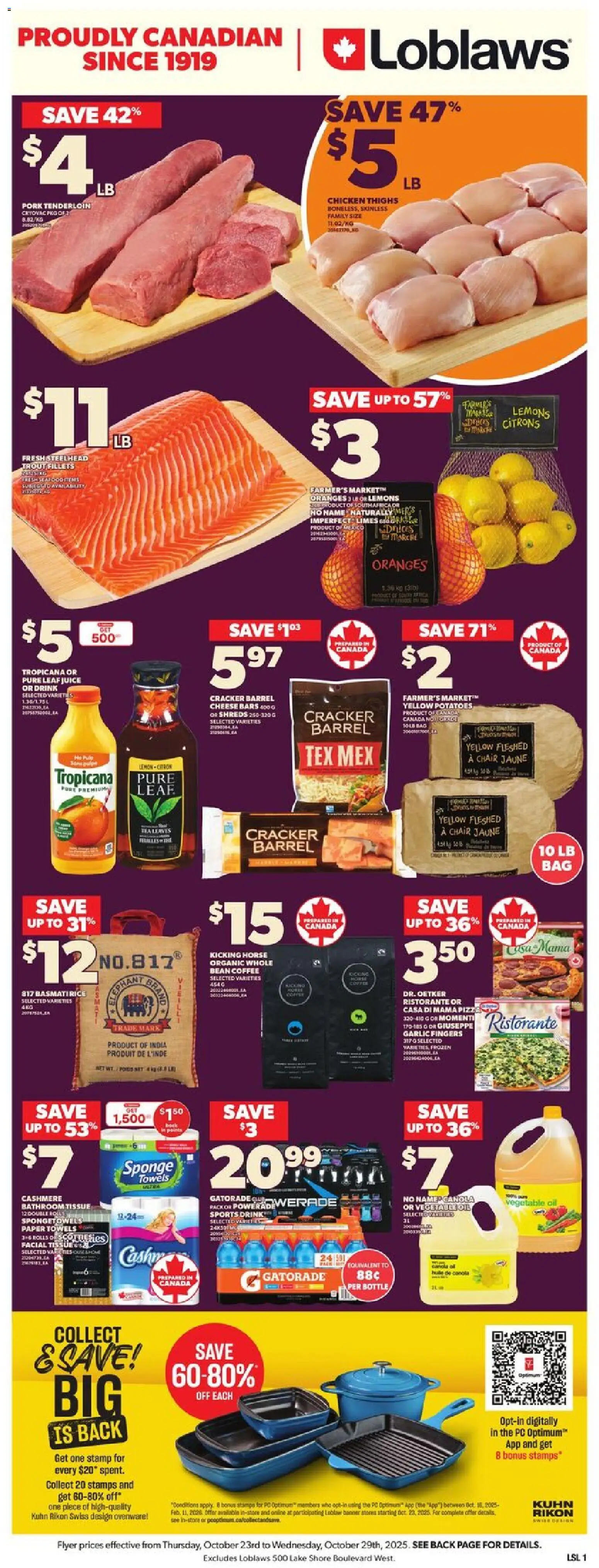 Loblaws flyer valid from 23.10.2025 | Page: 3 | Products: Sponge, Chair, Chicken, Oranges
