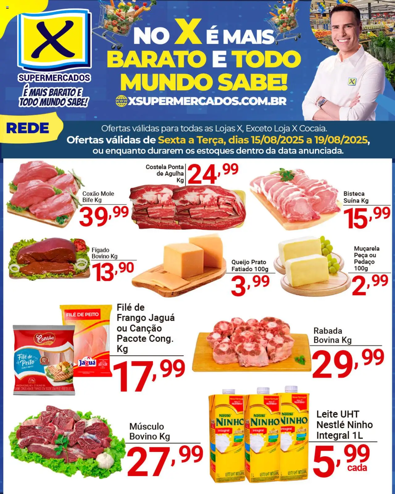 X Supermercados Folheto - válido de 15.08.2025 | Página: 2 | Produtos: Leite, Muçarela, Carne, Frango