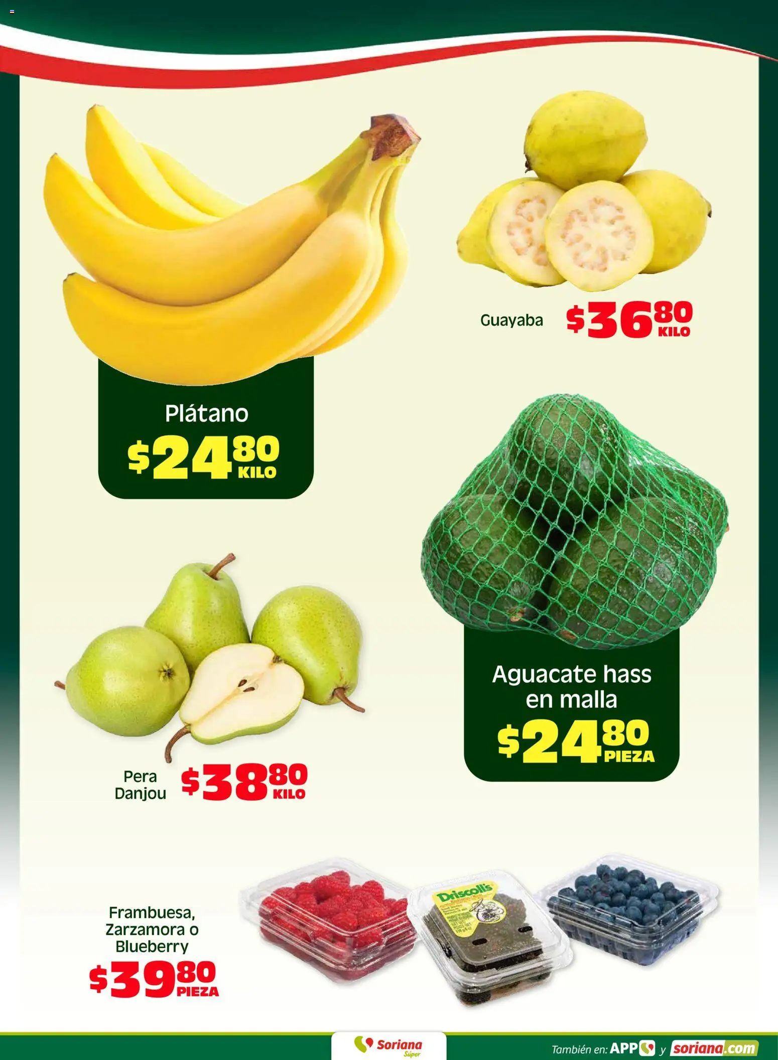 Nuevas ofertas de Soriana válidas en toda la República Mexicana desde el 03.04.2026. ¡Encuentra las mejores ofertas en Soriana Fin de Semana Súper: Saltillo y Torreón! | Página: 4 | Productos: Plátano, Pera, Aguacate, Malla