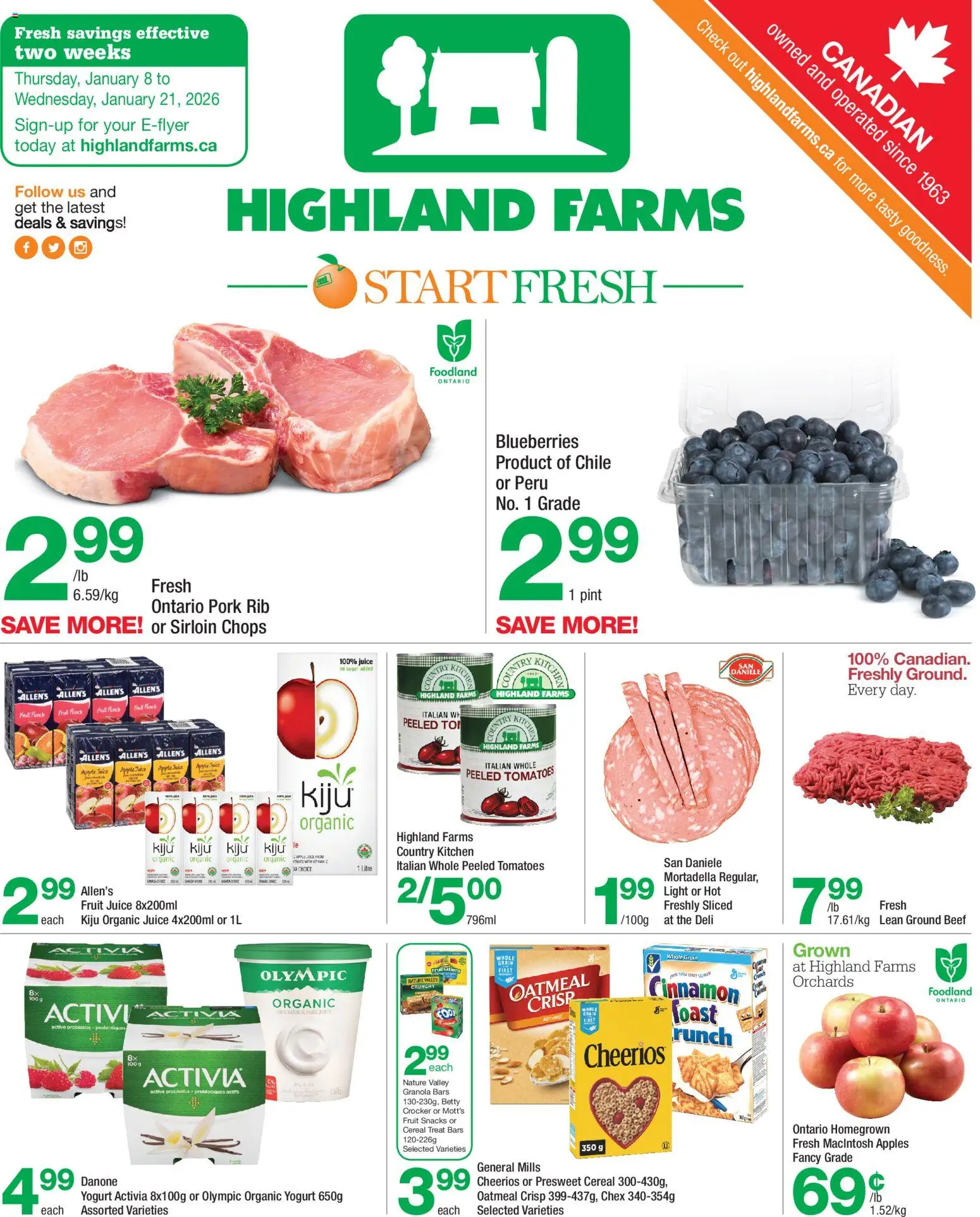 Highland Farms flyer valid from 08.01.2026 | Page: 1 | Products: Yogurt, Juice, Apples, Tomatoes