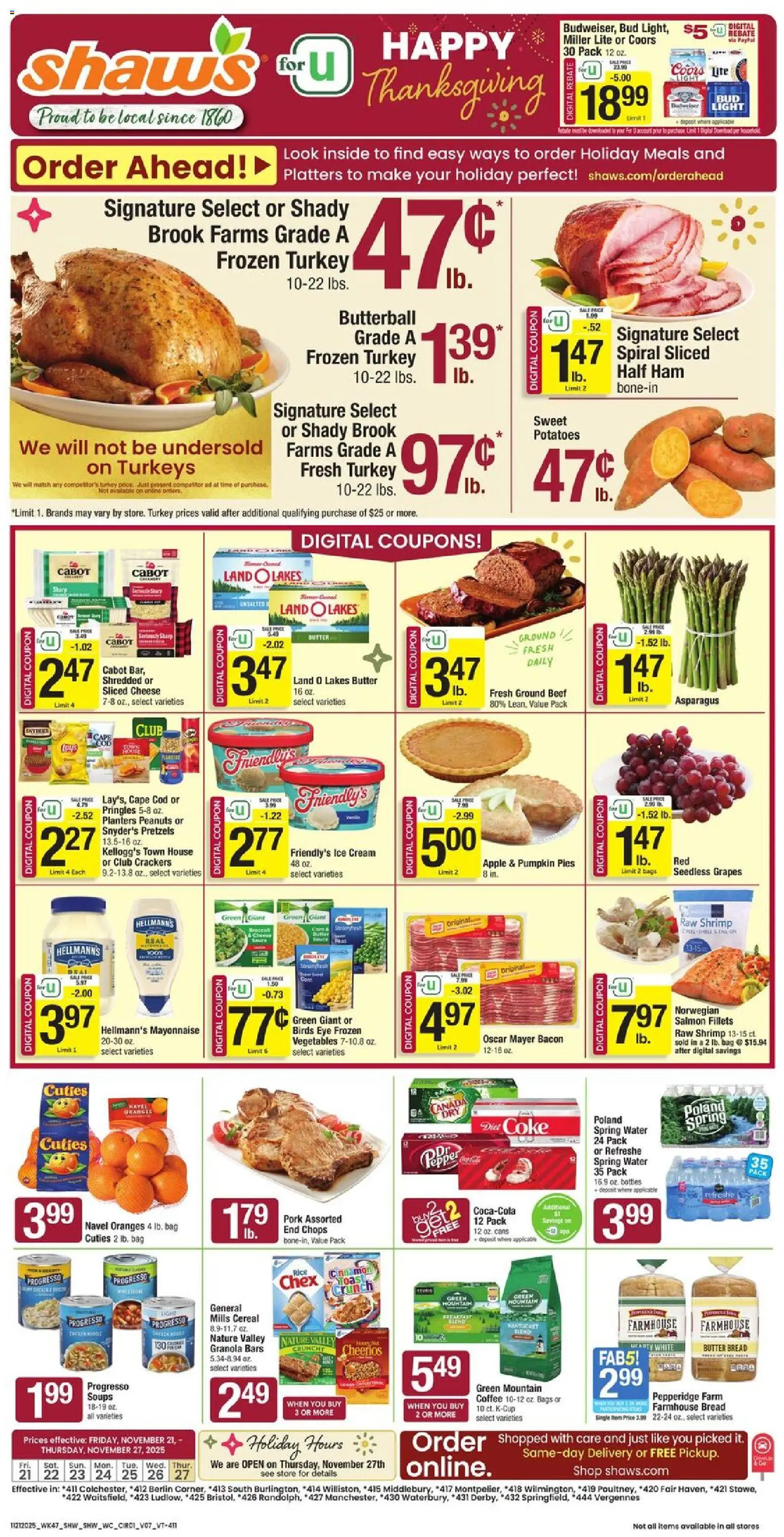 Shaw's Weekly Ad - VT - valid from 21.11.2025 | Page: 1 | Products: Coffee, Rice, Ice cream, Potatoes