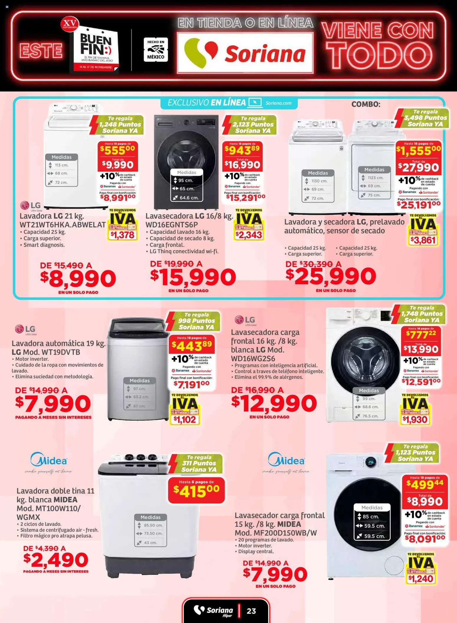 Nuevas ofertas de Soriana válidas en toda la República Mexicana desde el 13.11.2025. ¡Encuentra las mejores ofertas en Soriana Buen Fin ! | Página: 23 | Productos: Secadora, Lavadora, Ropa, Teléfono