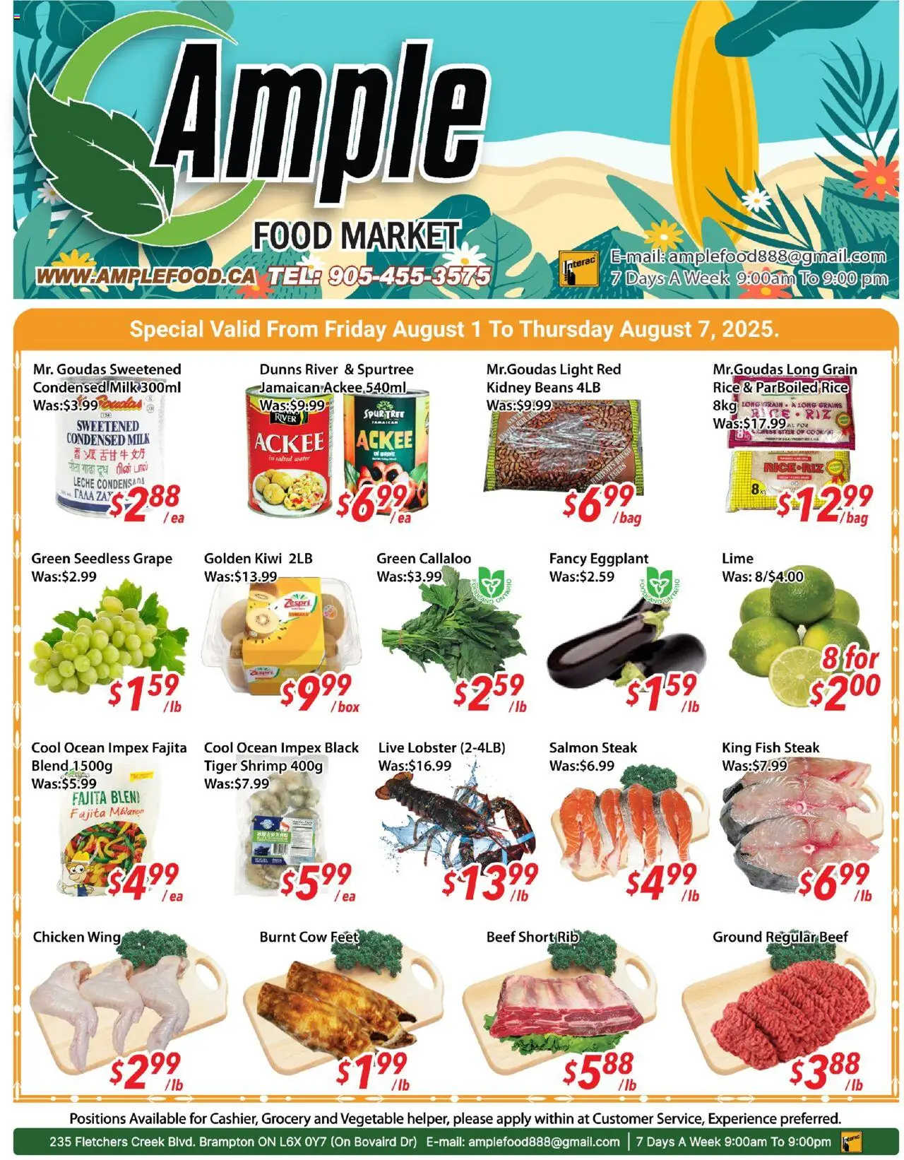 Ample Food Market flyer valid from 01.08.2025 | Page: 1 | Products: Rice, Kiwi, Box, Chicken