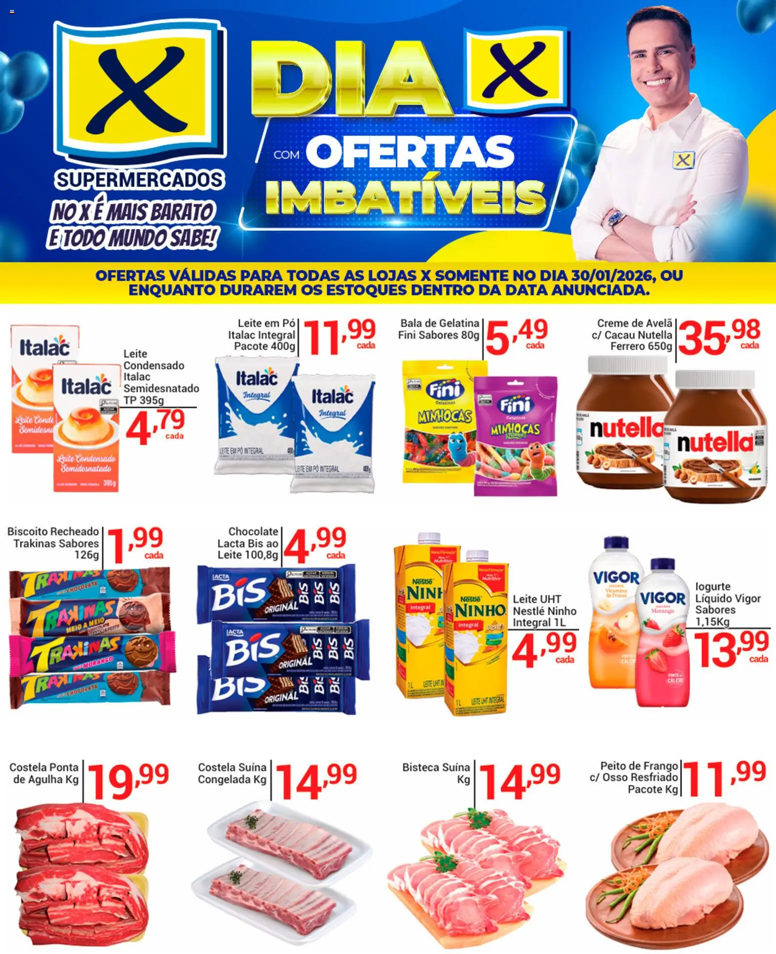 X Supermercados Folheto - válido de 30.01.2026 | Página: 1 | Produtos: Pó, Frango, Biscoito recheado, Leite em pó