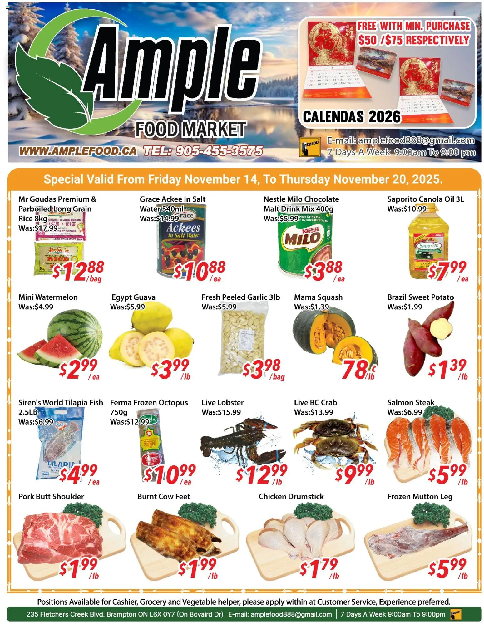 Ample Food Market flyer valid from 14.11.2025 | Page: 1 | Products: Rice, Fish, Oil, Pork