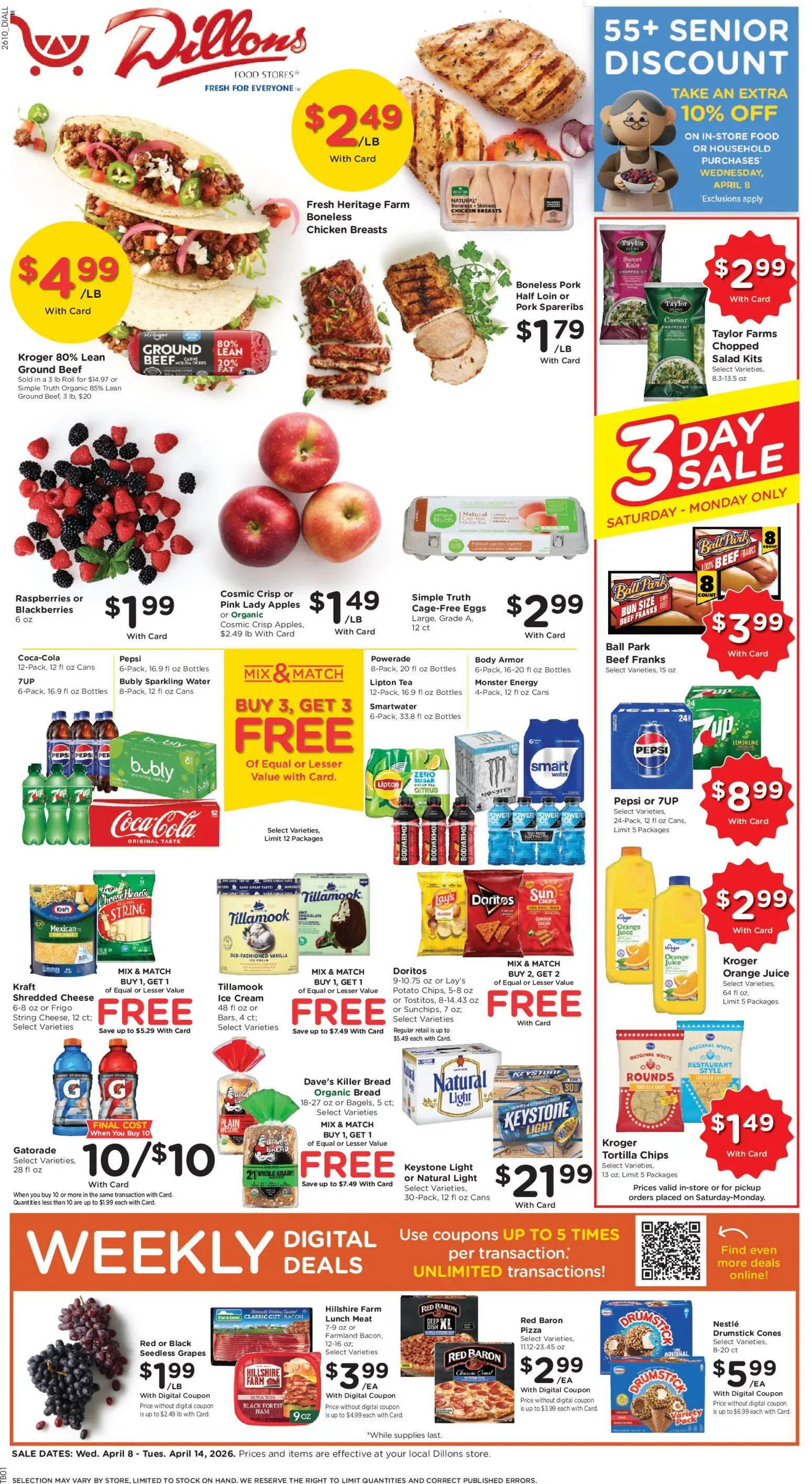 Dillons Weekly Ad - valid from 08.04.2026 | Page: 1 | Products: Kale, Pizza, Tea, Lemon