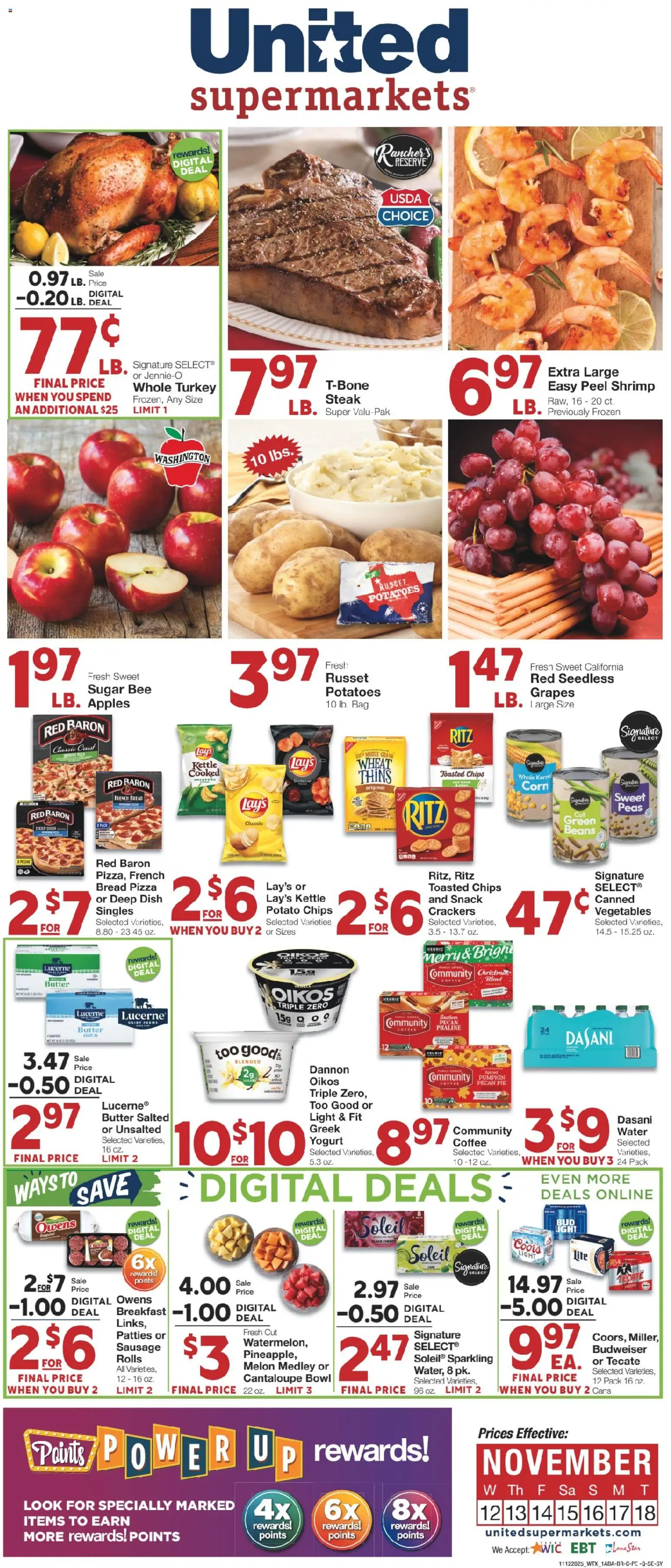 United Supermarkets Weekly Ad - valid from 11.11.2025 | Page: 1 | Products: Corn, Yogurt, Pecan Pie, Melon
