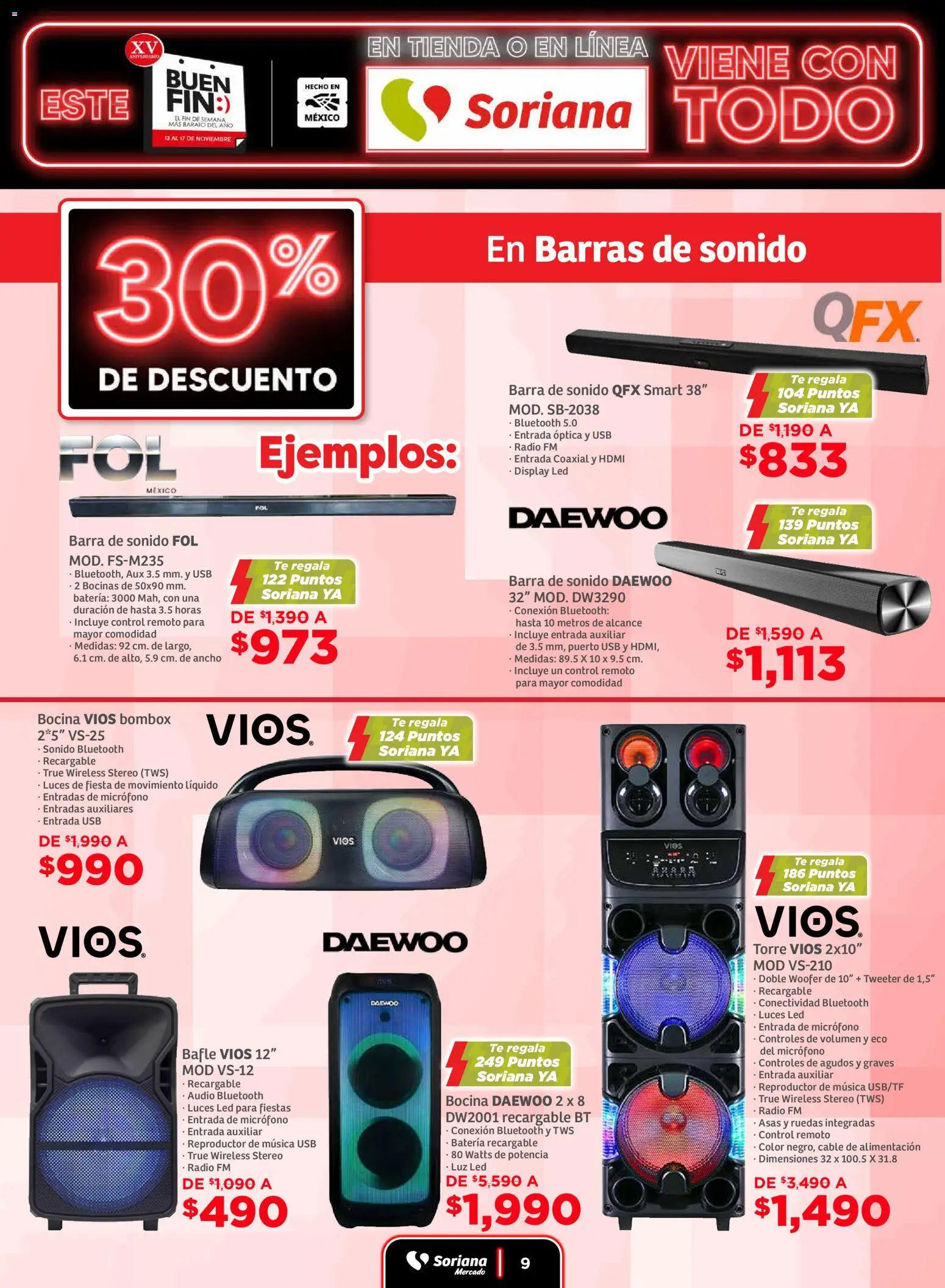 Nuevas ofertas de Soriana válidas en toda la República Mexicana desde el 13.11.2025. ¡Encuentra las mejores ofertas en Soriana - Buen Fin Mercado Nacional! | Página: 9 | Productos: Radio, Reproductor, Barra, Té