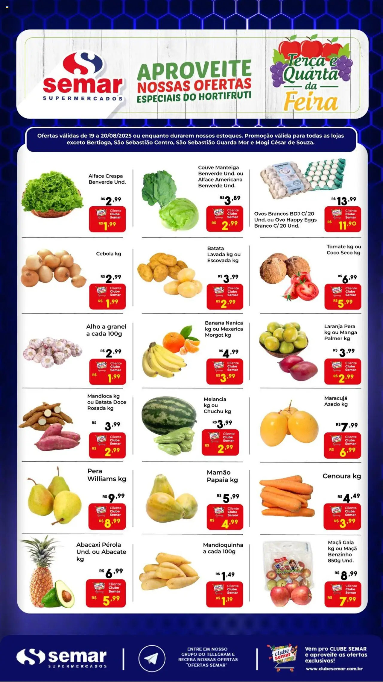 Semar Supermercado Folheto - válido de 19.08.2025 | Página: 2 | Produtos: Mandioca, Ovos, Cenoura, Alface