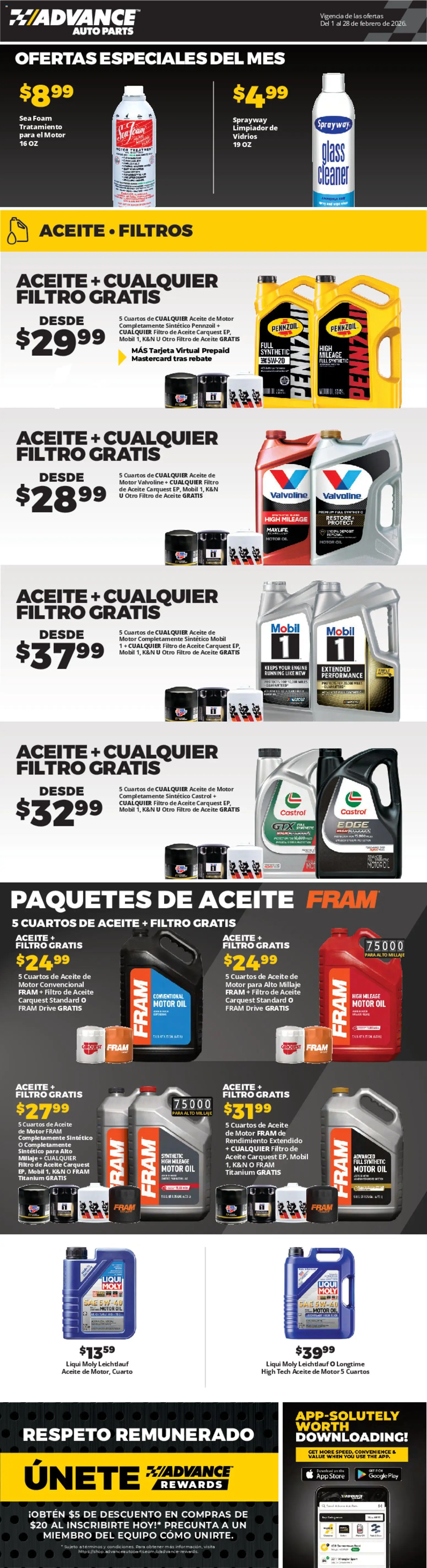 Advance Auto Parts Sales Ad - Spanish - valid from 01.02.2026 | Page: 1 | Products: Oil, Motor Oil