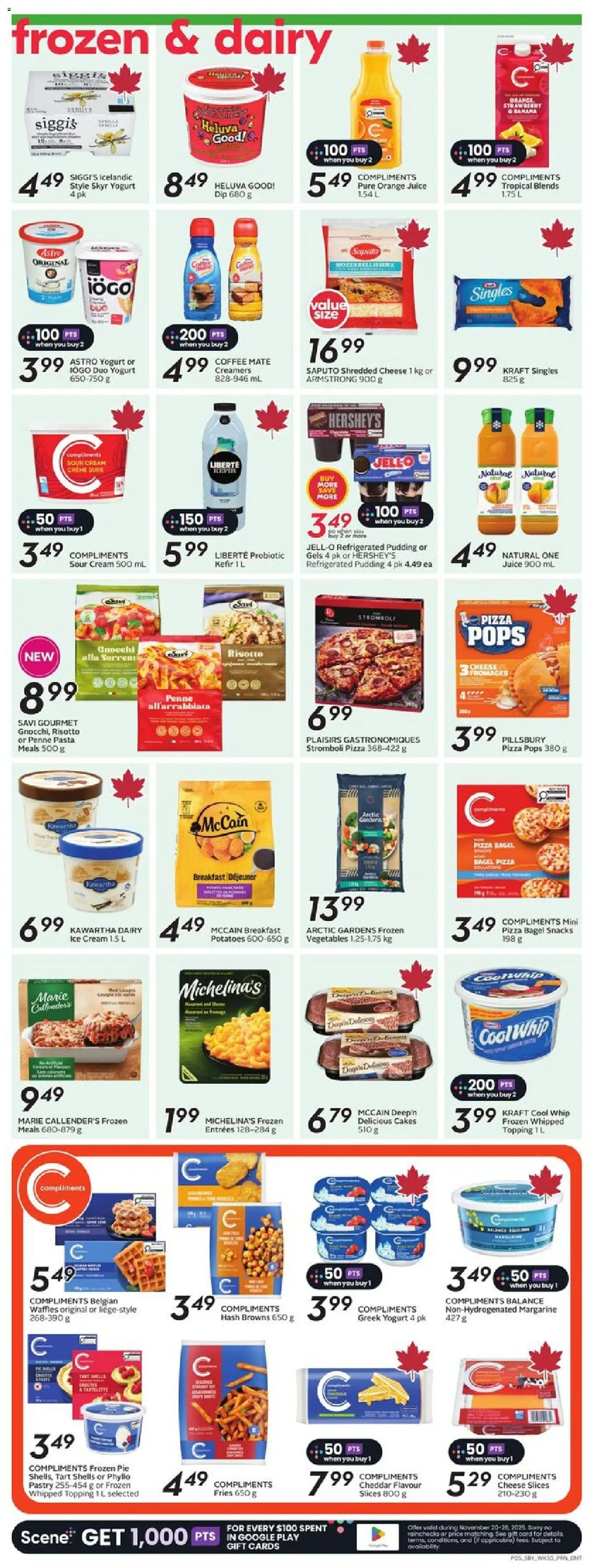 Sobeys flyer valid from 20.11.2025 | Page: 8 | Products: Ice cream, Potatoes, Coffee, Pizza