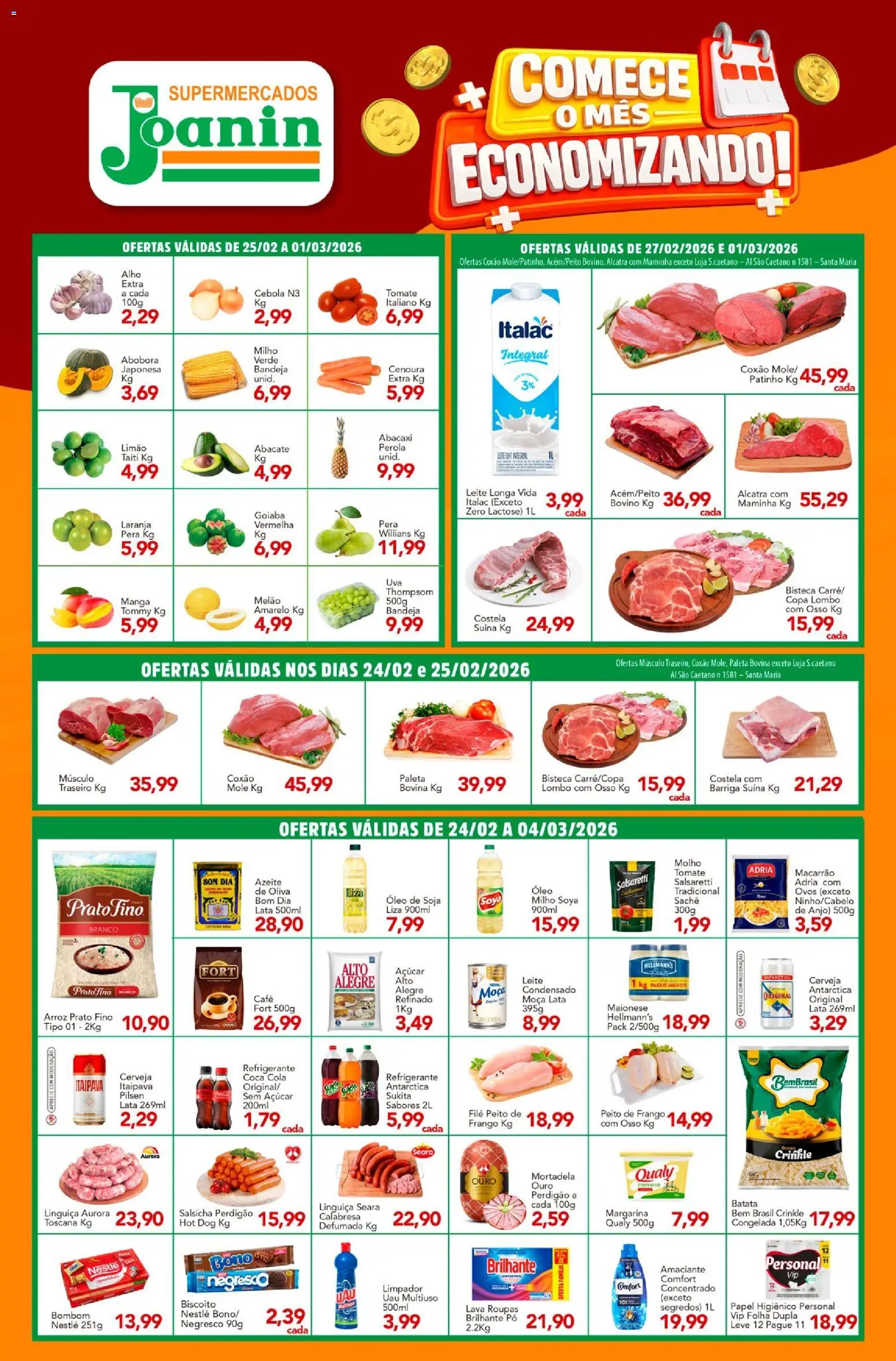 Supermercados Joanin Folheto - válido de 24.02.2026 | Página: 1 | Produtos: Salsicha, Refrigerante, Frango, Azeite