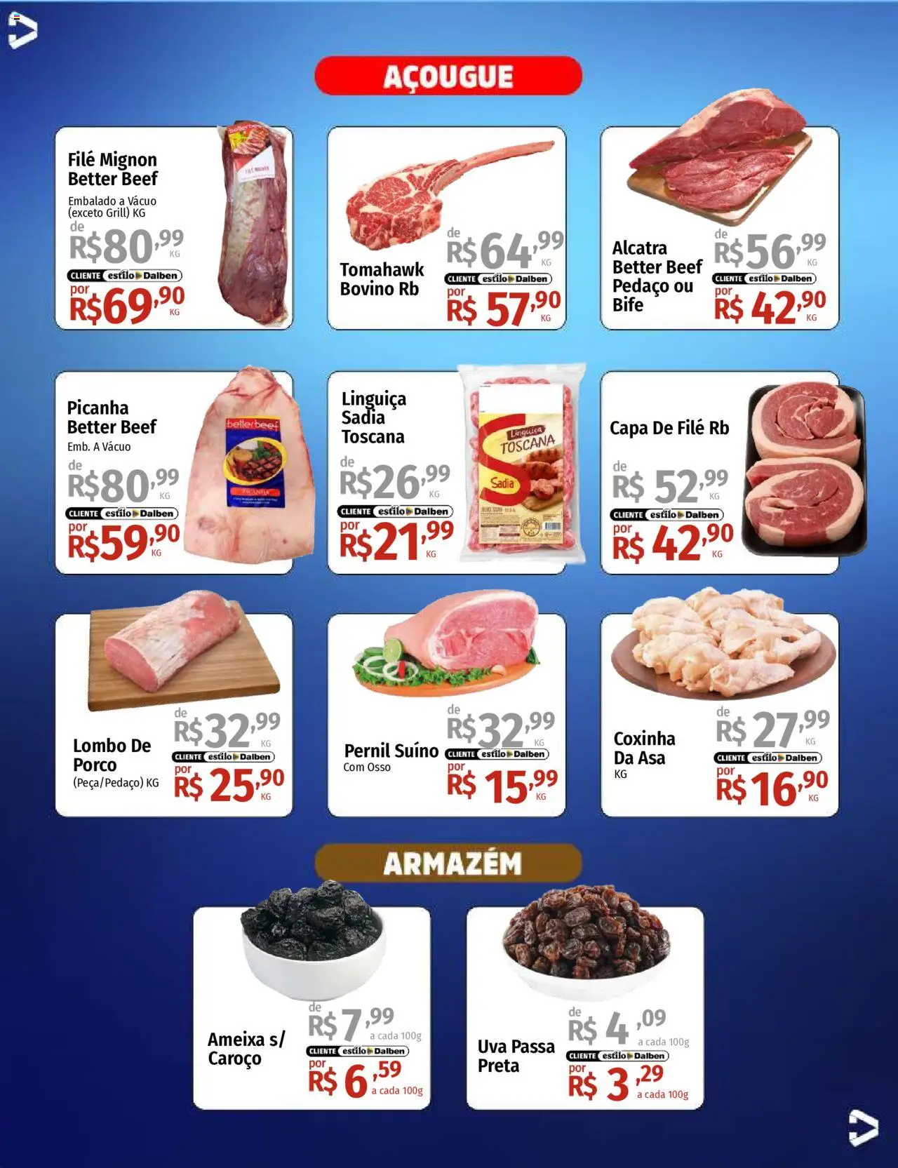 Supermercado Dalben Folheto - válido de 17.10.2025 | Página: 4 | Produtos: Linguiça, Alcatra, Filé mignon, Ameixa