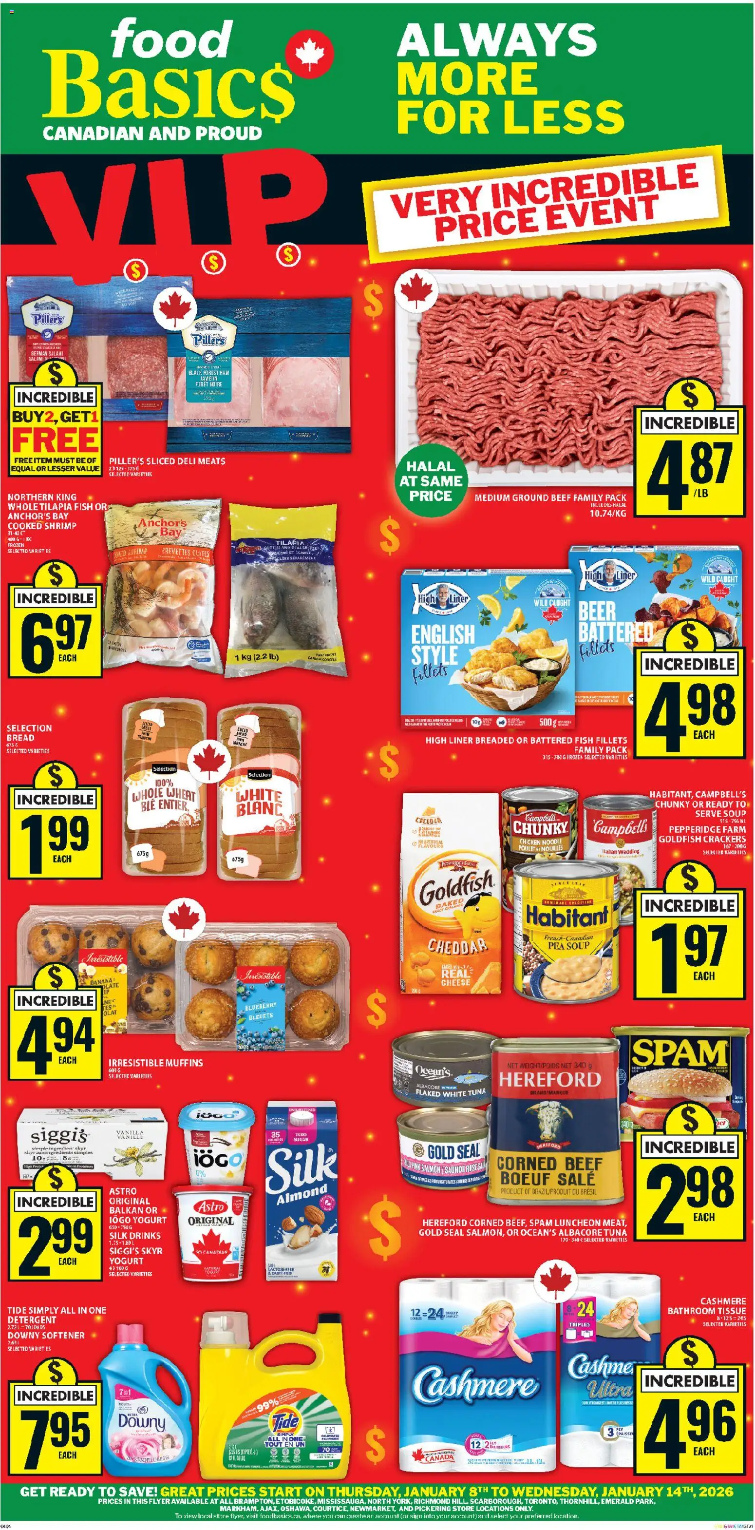Food Basics flyer valid from 08.01.2026 | Page: 1 | Products: Cheese, Yogurt, Beer, Chicken