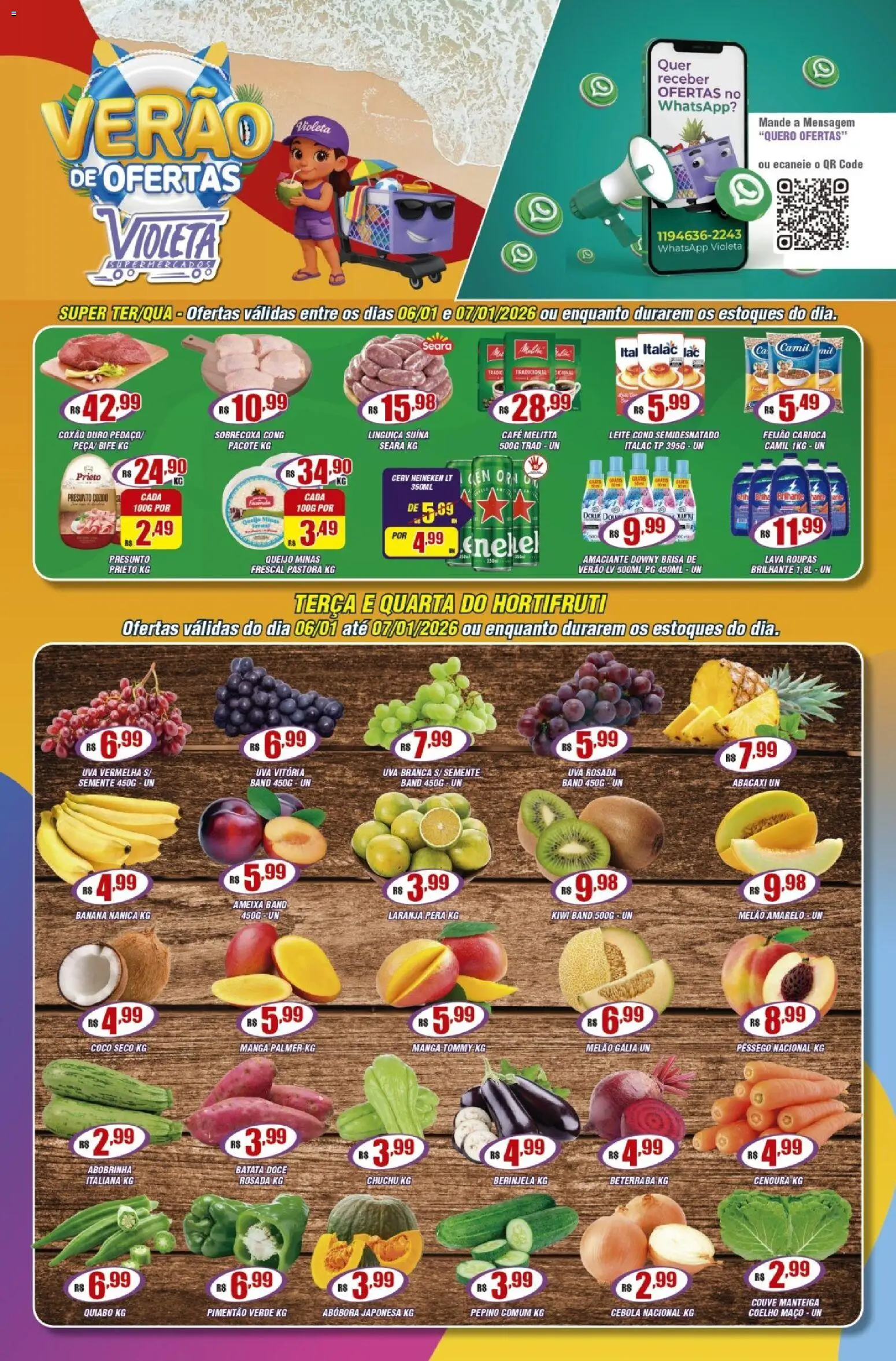 Violeta Supermercados Folheto - válido de 06.01.2026 | Página: 1 | Produtos: Pêssego, Linguiça, Abacaxi, Cenoura