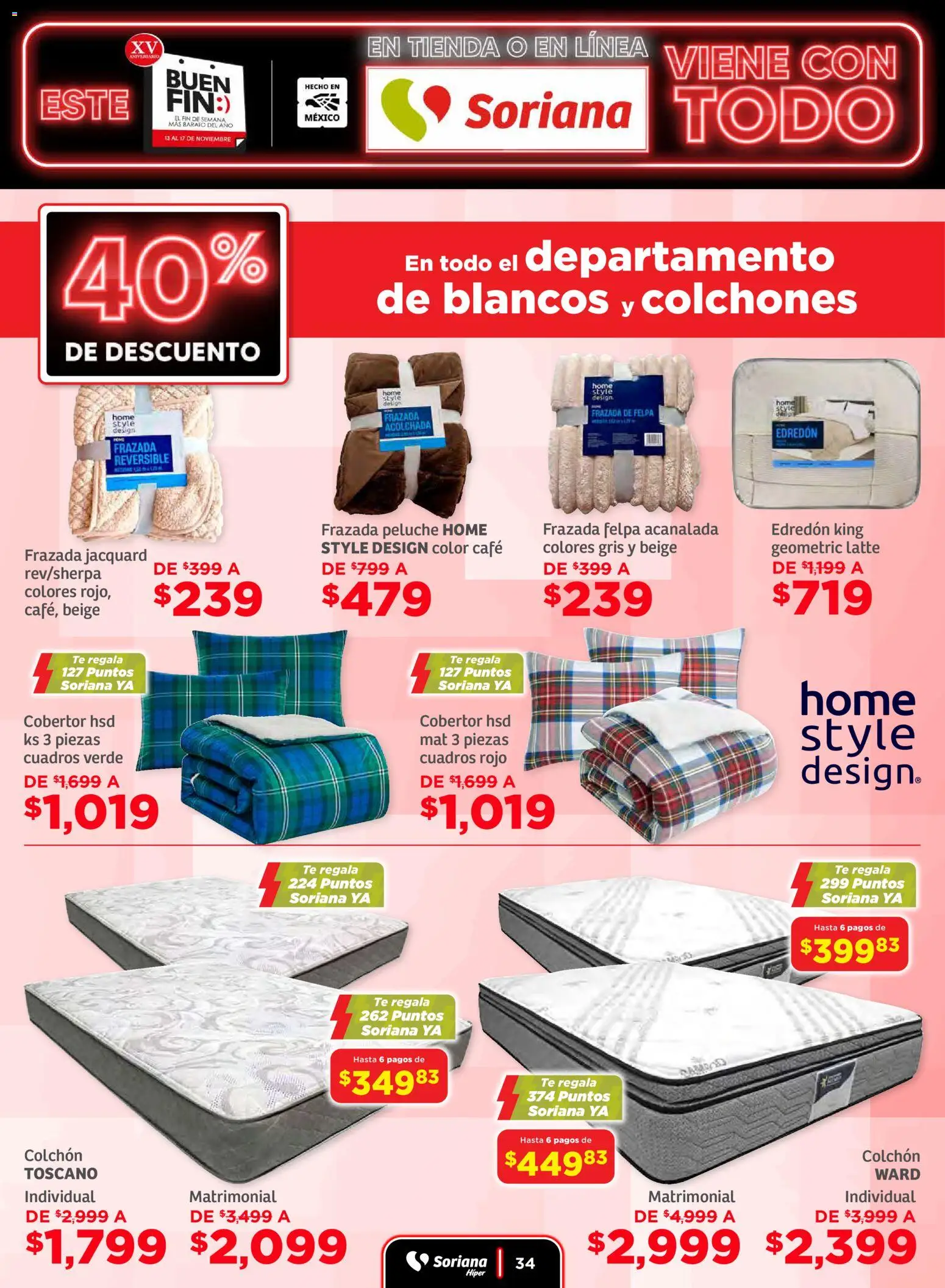 Nuevas ofertas de Soriana válidas en toda la República Mexicana desde el 13.11.2025. ¡Encuentra las mejores ofertas en Soriana Buen Fin ! | Página: 34 | Productos: Cobertor, Café, Colchón, Té