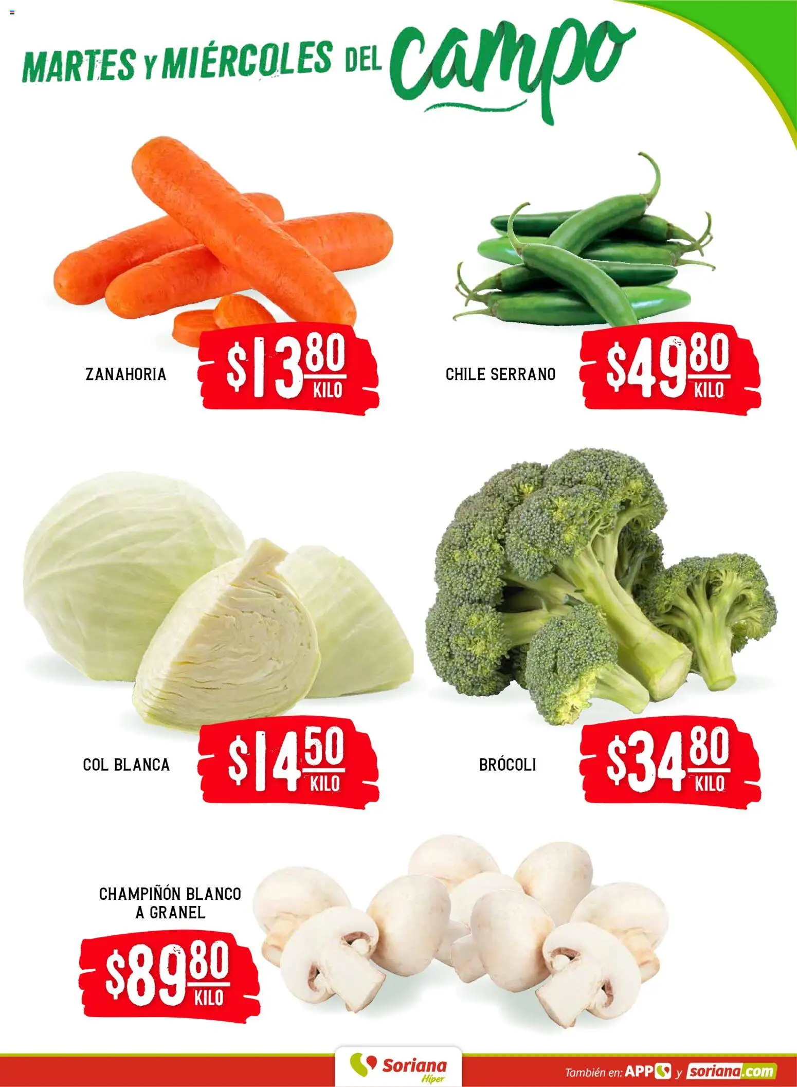 Nuevas ofertas de Soriana válidas en toda la República Mexicana desde el 20.01.2026. ¡Encuentra las mejores ofertas en Soriana - Martes y Miércoles del Campo Híper: Ver, Tab, Chis, Camp, Yuc y Q. Roo! | Página: 3 | Productos: Brocoli, Col, Zanahoria