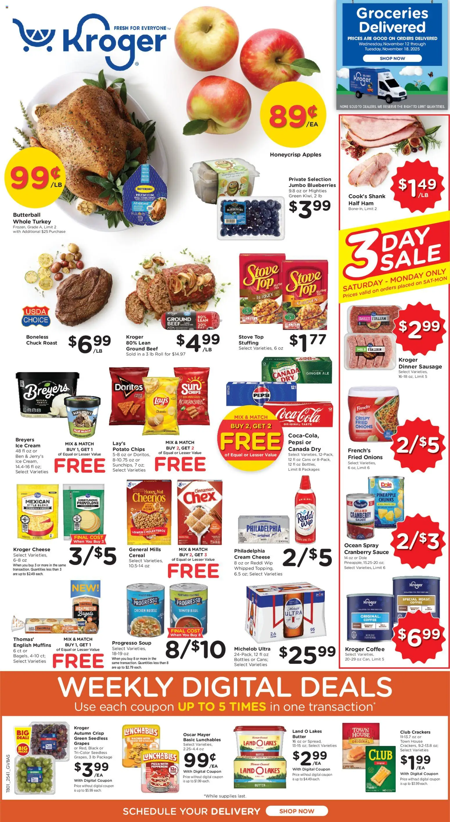 Kroger Ad - valid from 12.11.2025 | Page: 1 | Products: Cheese, Beef, Grapes, Blueberries