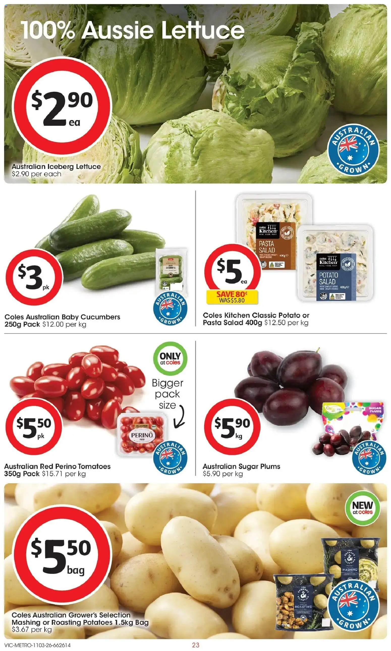 Coles catalogue - valid from 11.03.2026 | Page: 23 | Products: Lettuce, Tomatoes, Cucumbers, Plums