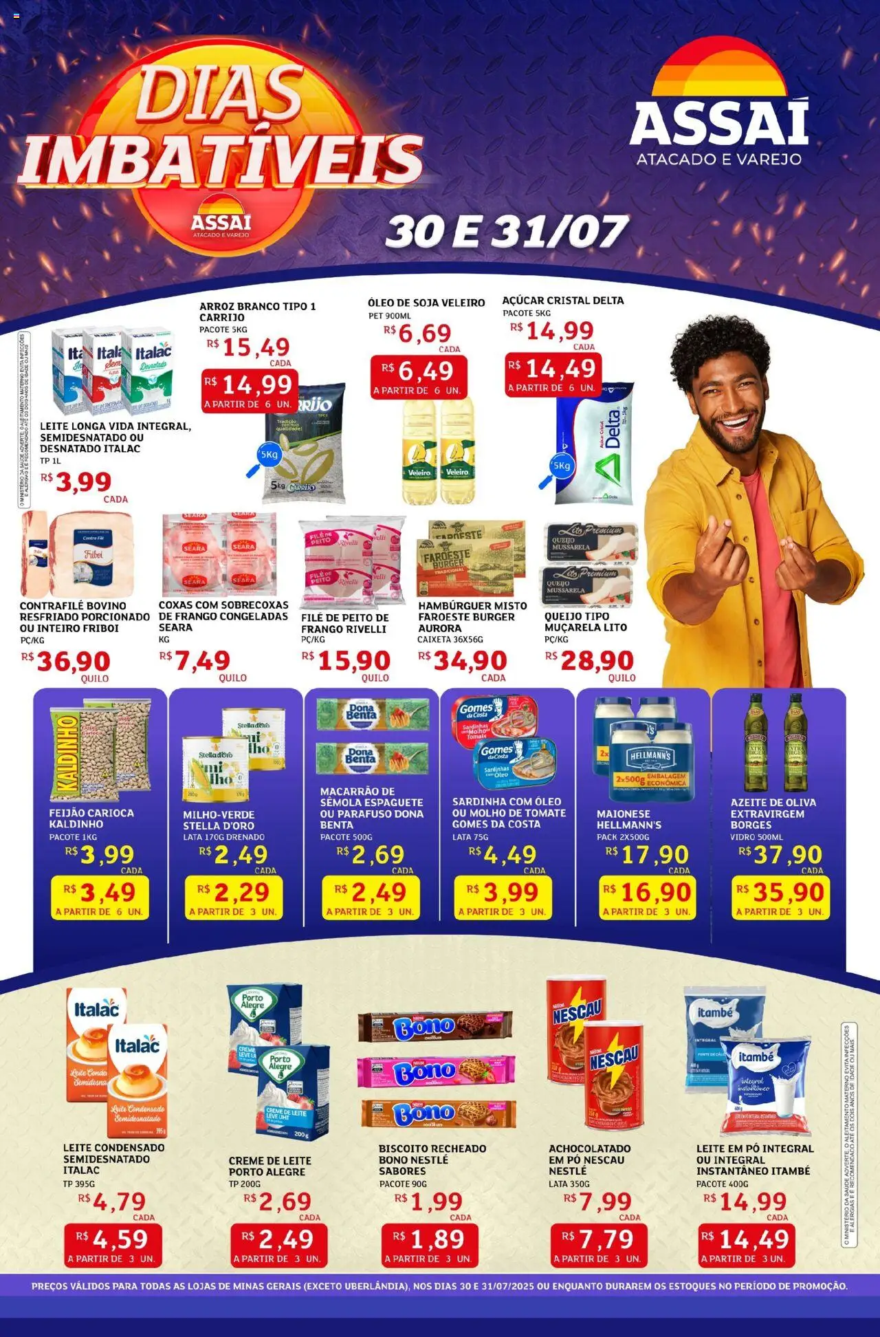 Assaí Atacadista Folheto - válido de 30.07.2025 | Página: 1 | Produtos: Feijão, Molho de tomate, Creme de leite, Mussarela
