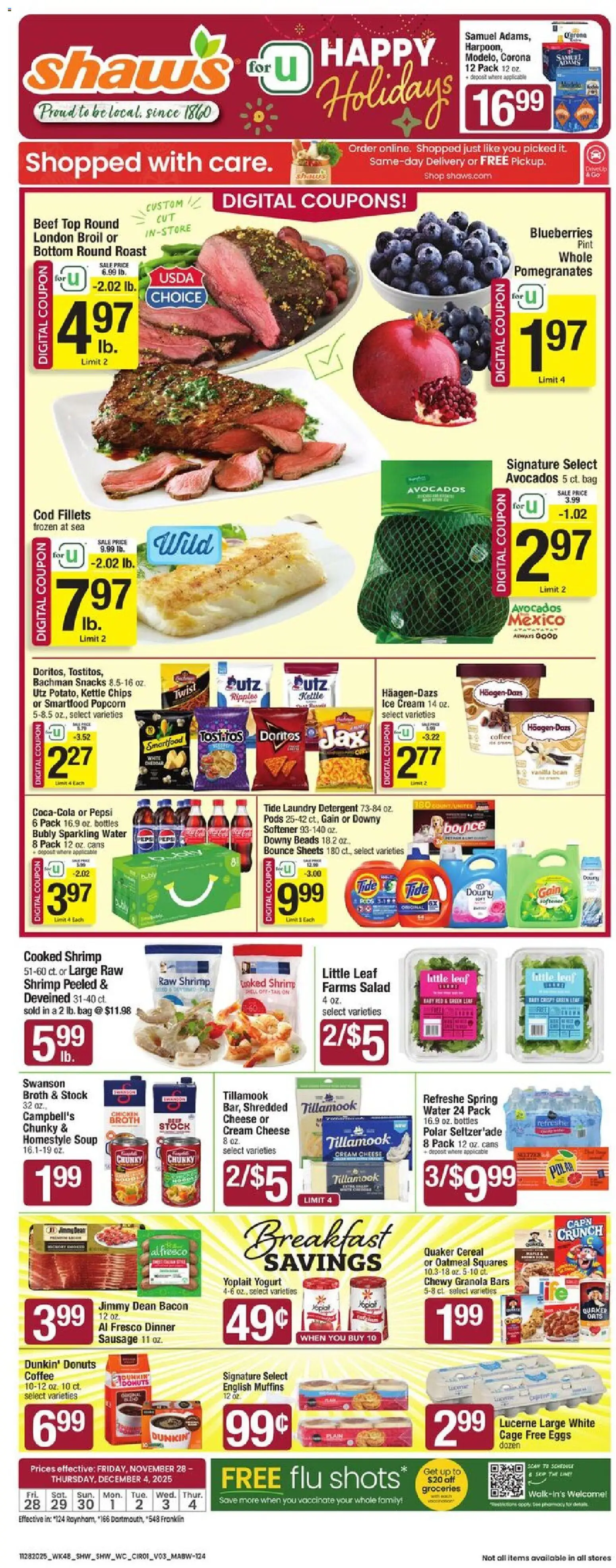 Shaw's Weekly Ad - MA - valid from 28.11.2025 | Page: 1 | Products: Eggs, Water, Blueberries, Bag