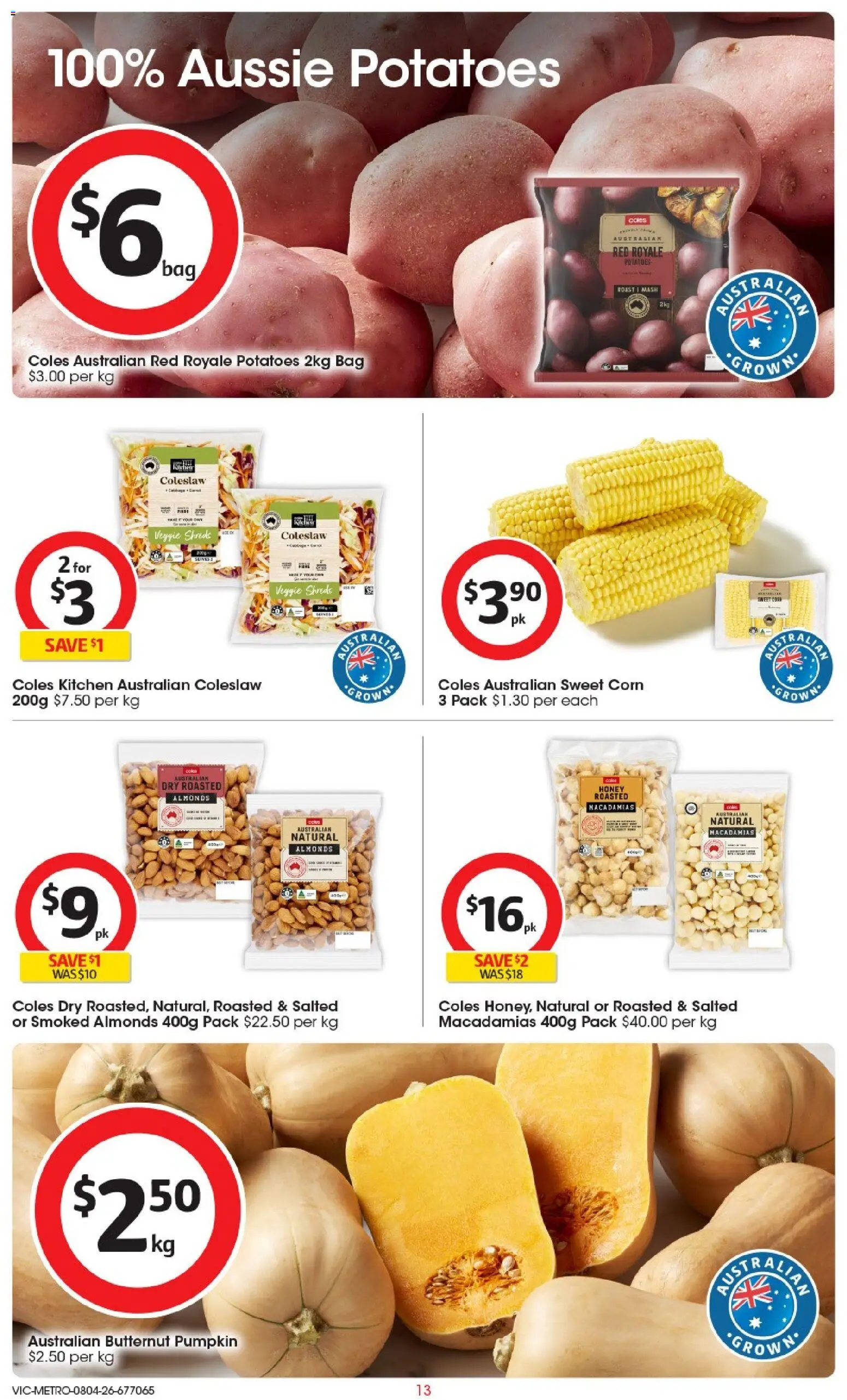Coles catalogue - valid from 08.04.2026 | Page: 13 | Products: Almonds, Honey, Pumpkin, Bag