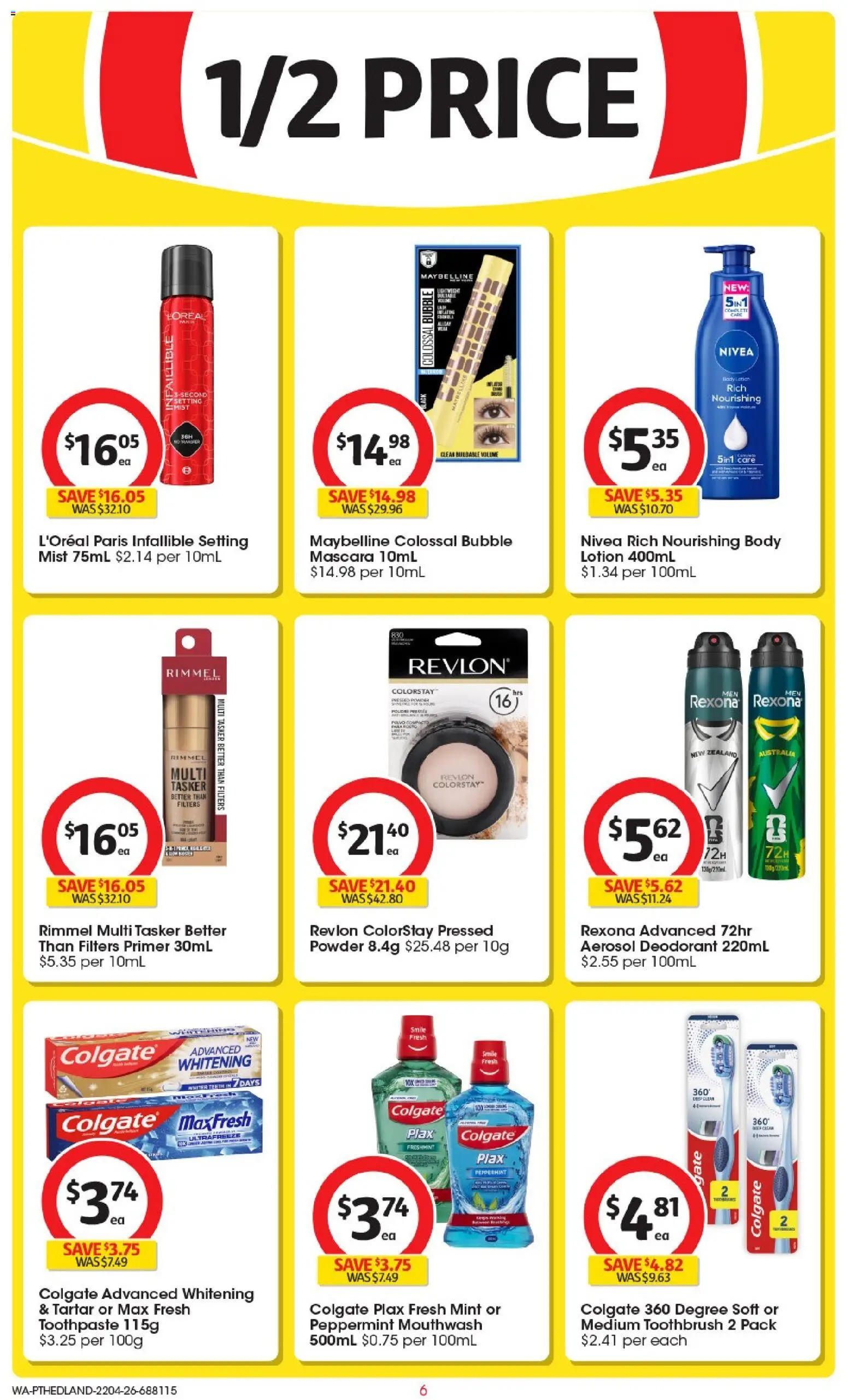 Coles catalogue - valid from 22.04.2026 | Page: 6 | Products: Powder, Mascara, Lotion, Toothpaste