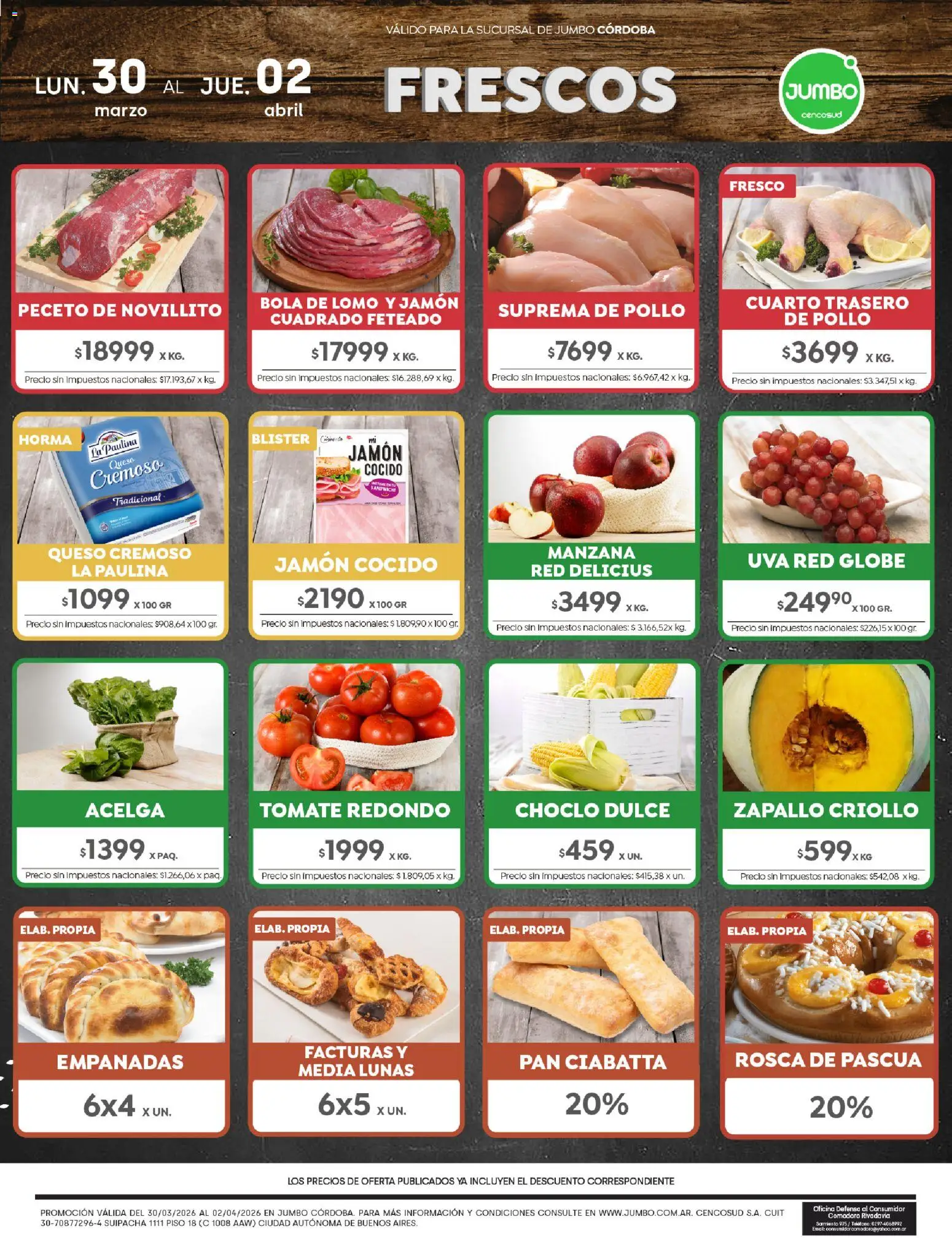 Jumbo - Ofertas | Córdoba │ válido desde el 30.03.2026 | Página: 1 | Productos: Acelga, Manzana, Pan, Jamón