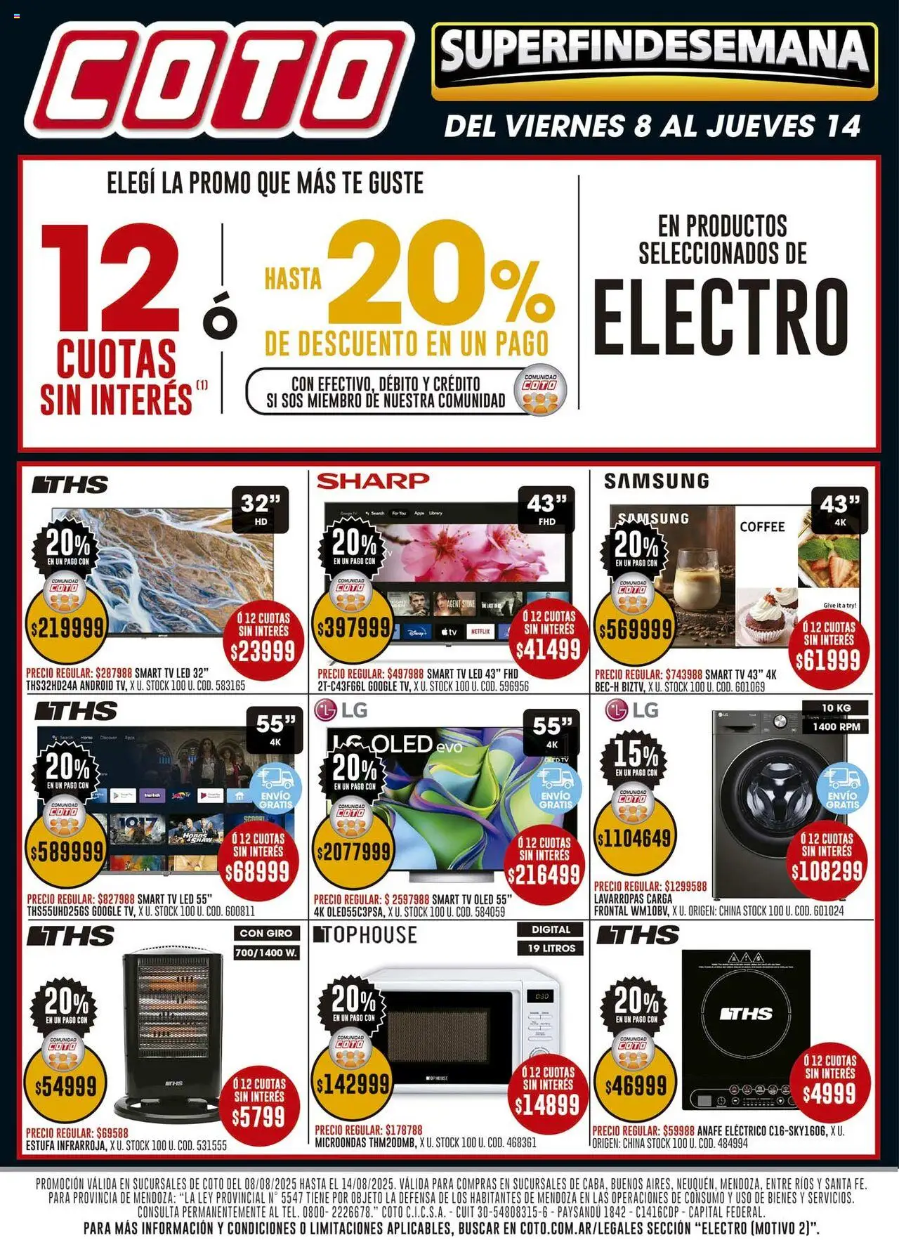 Coto ofertas electro │ válido desde el 08.08.2025 | Página: 2 | Productos: Anafe, Lavarropas, Microondas, Té