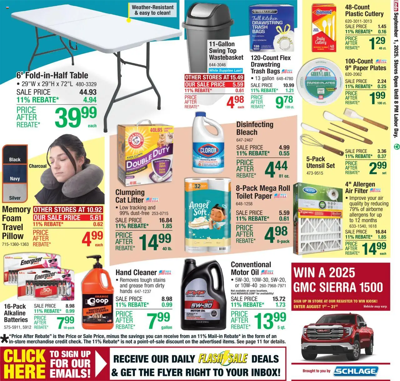 Menards Weekly Ad - valid from 20.08.2025 | Page: 20 | Products: Pillow, Table, Oil, Motor Oil