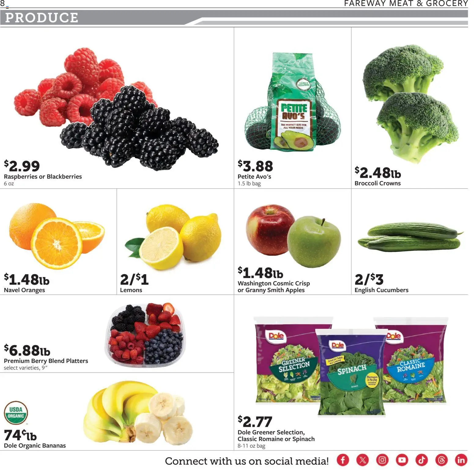 Fareway Weekly Ad - valid from 20.04.2026 | Page: 8 | Products: Broccoli, Spinach, Oranges, Bananas