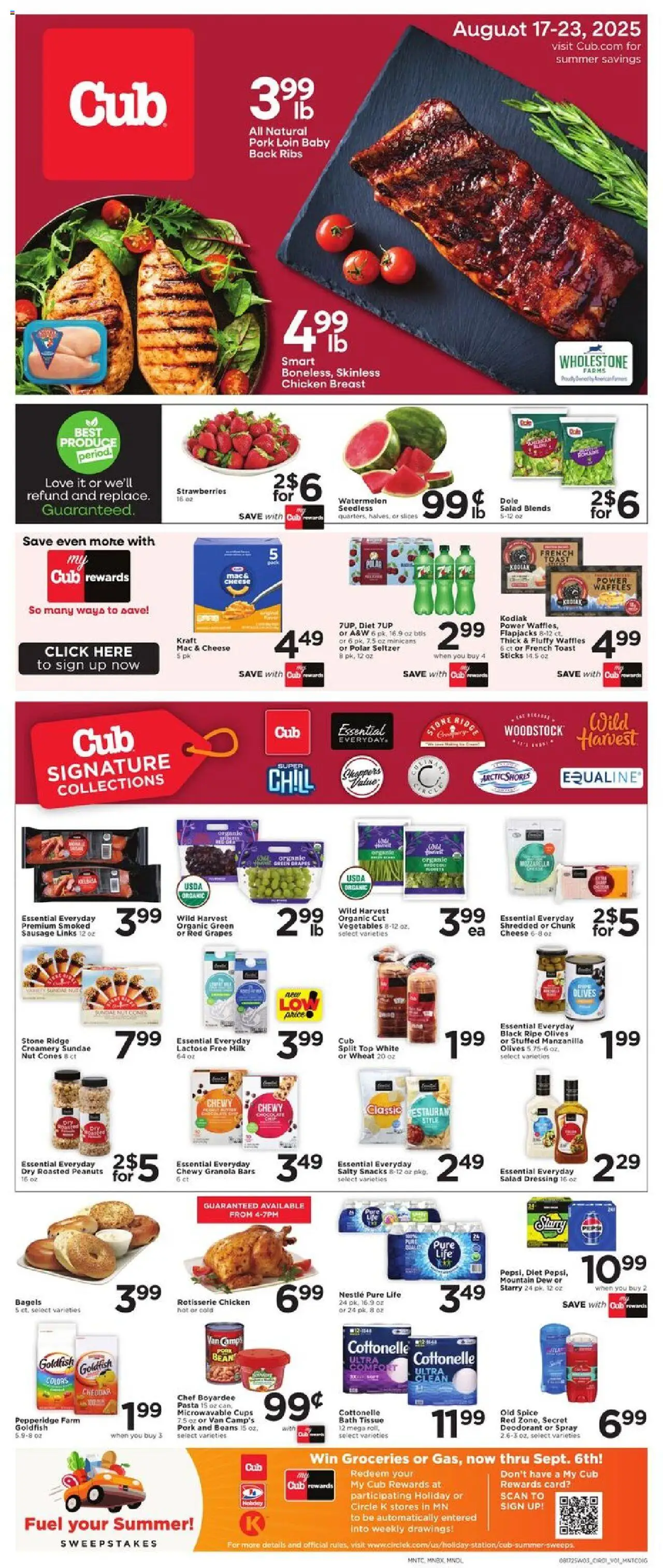 Cub Foods Weekly Ad - valid from 17.08.2025 | Page: 1 | Products: Milk, Deodorant, Strawberries, Sausage