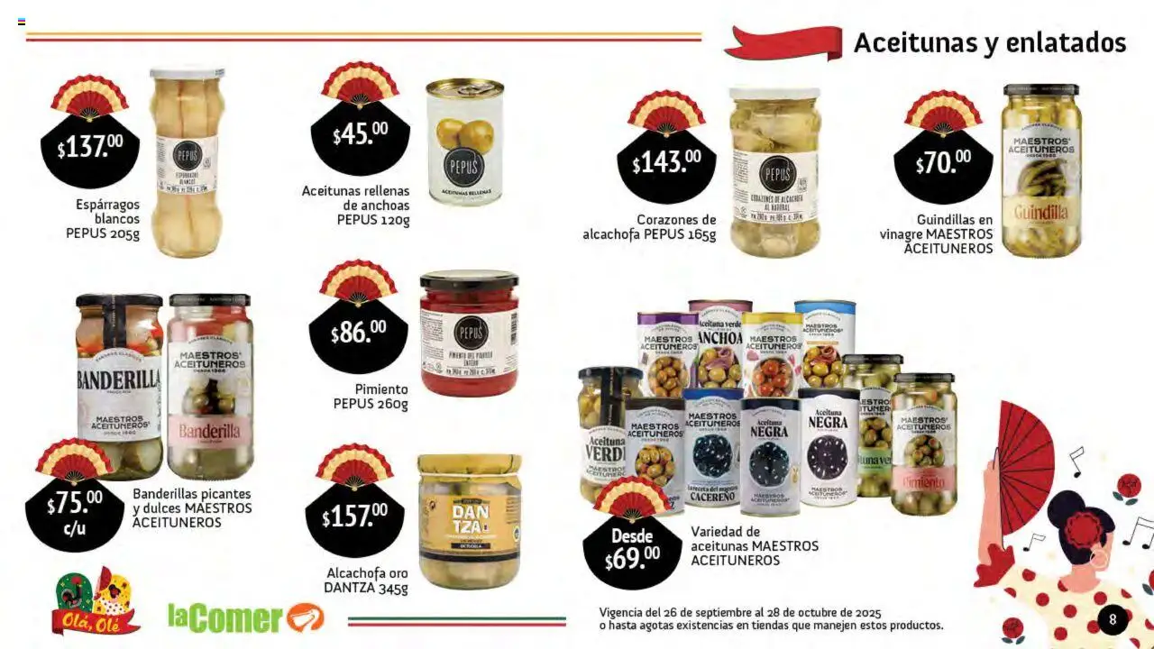 Nuevas ofertas de La Comer válidas en toda la República Mexicana desde el 26.09.2025. ¡Encuentra las mejores ofertas en La Comer folleto Olá, Olé! | Página: 8 | Productos: Vinagre, Aceitunas, Espárragos, Dulces