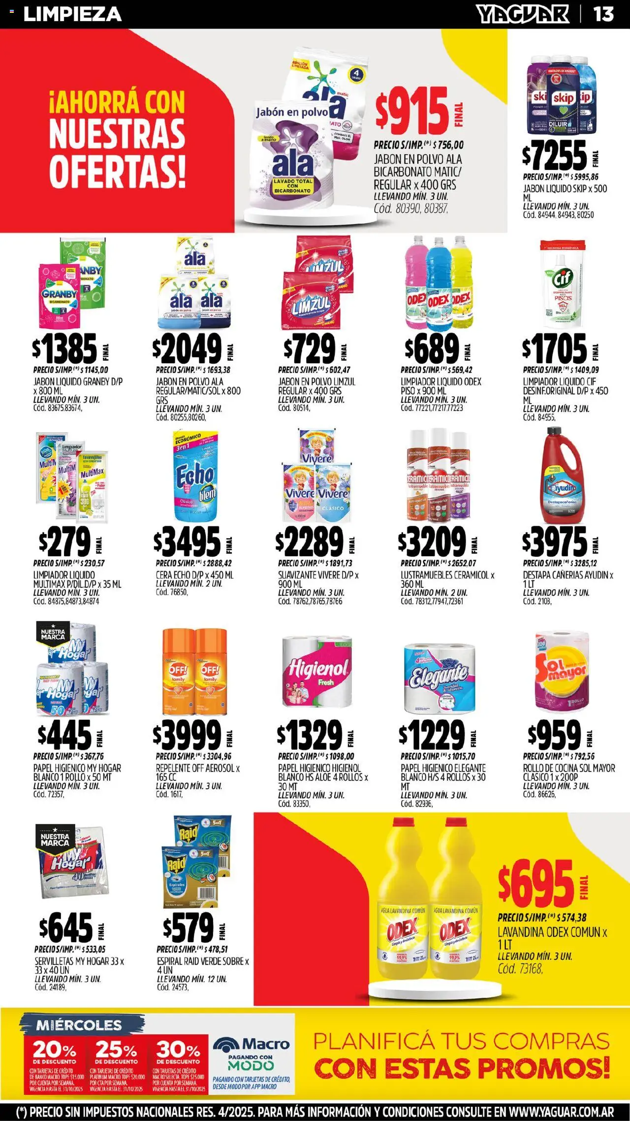 Yaguar - Parque Chacabuco │ válido desde el 13.10.2025 | Página: 13 | Productos: Lustramuebles, Lavandina, Jabón líquido, Jabón en polvo