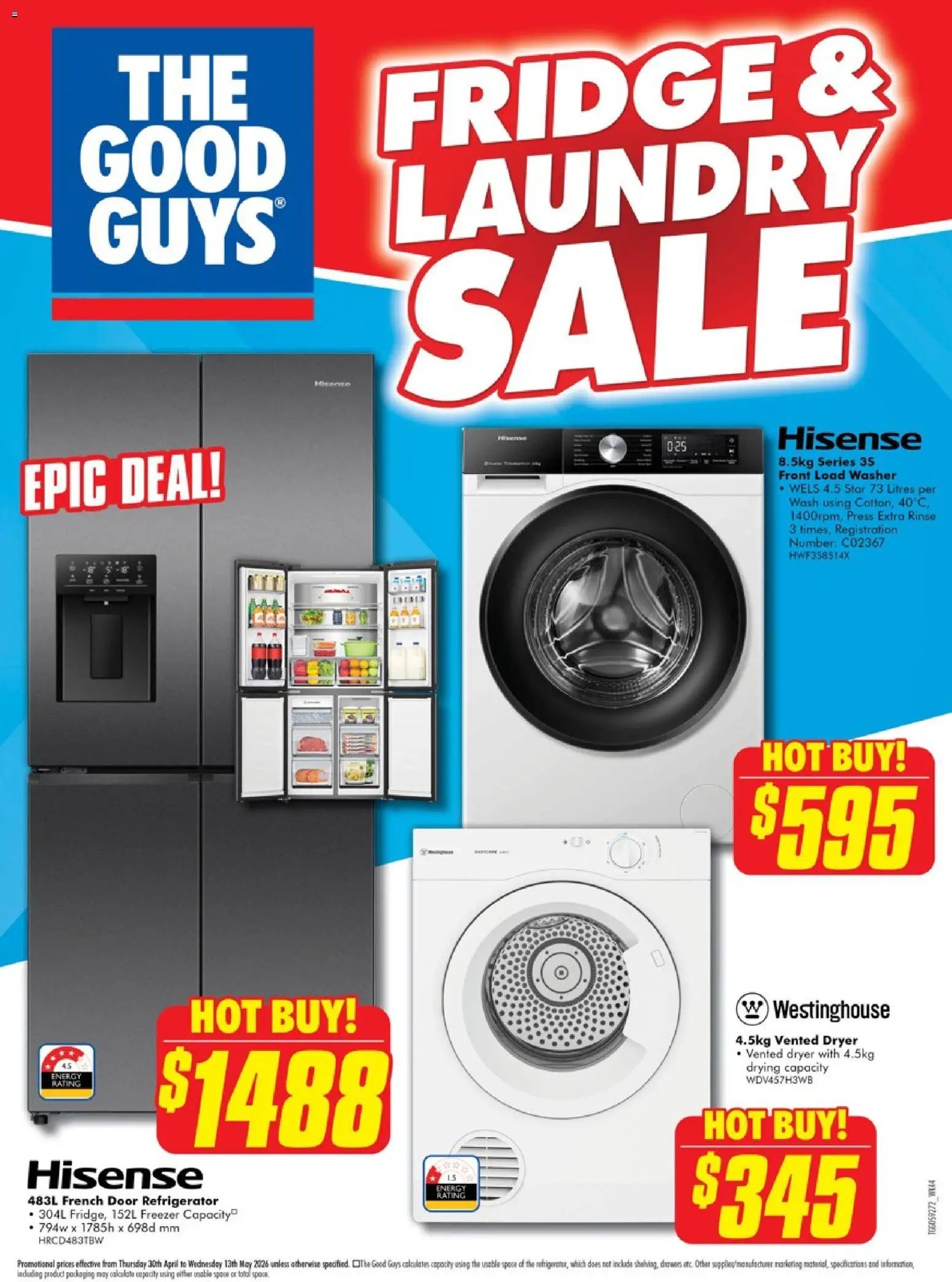 The Good Guys catalogue - valid from 30.04.2026 | Page: 1 | Products: Freezer, Refrigerator, Dryer, Press