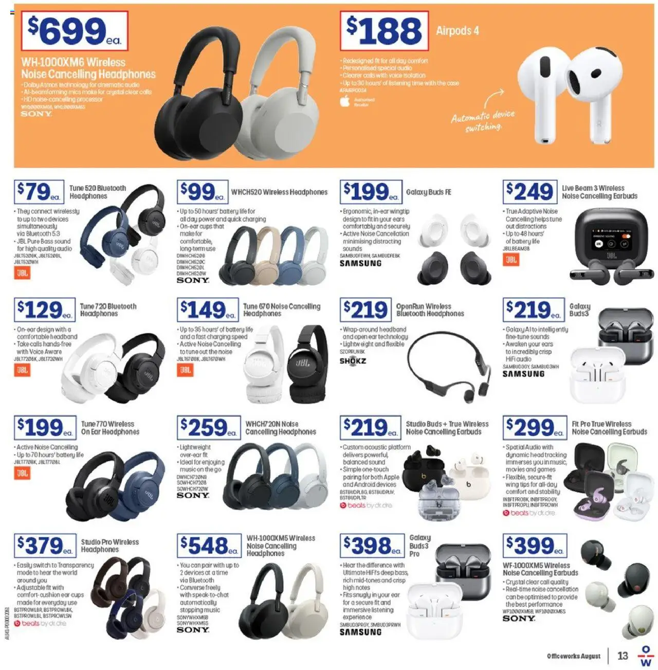 Officeworks catalogue - valid from 07.08.2025 | Page: 13 | Products: Boots, Bluetooth headphones, Audio, Headphones