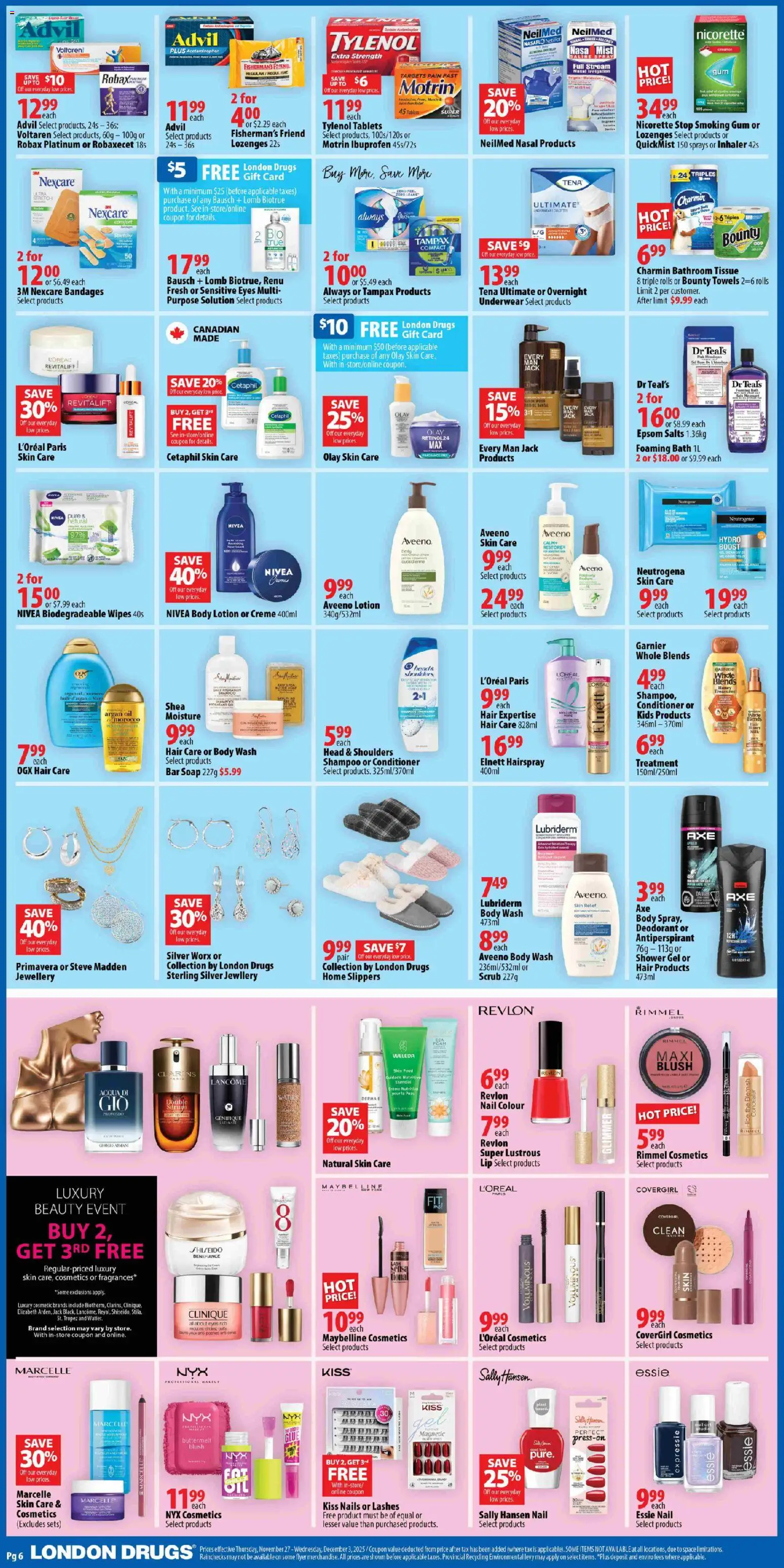 London Drugs flyer valid from 27.11.2025 | Page: 6 | Products: Body wash, Shower, Oil, Underwear