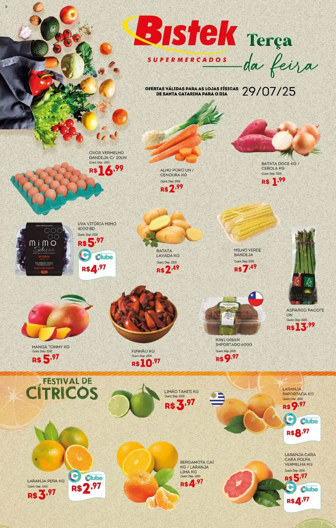 Bistek Supermercados Folheto - válido de 29.07.2025 | Página: 1 | Produtos: Pera, Cebola, Ovos, Kiwi