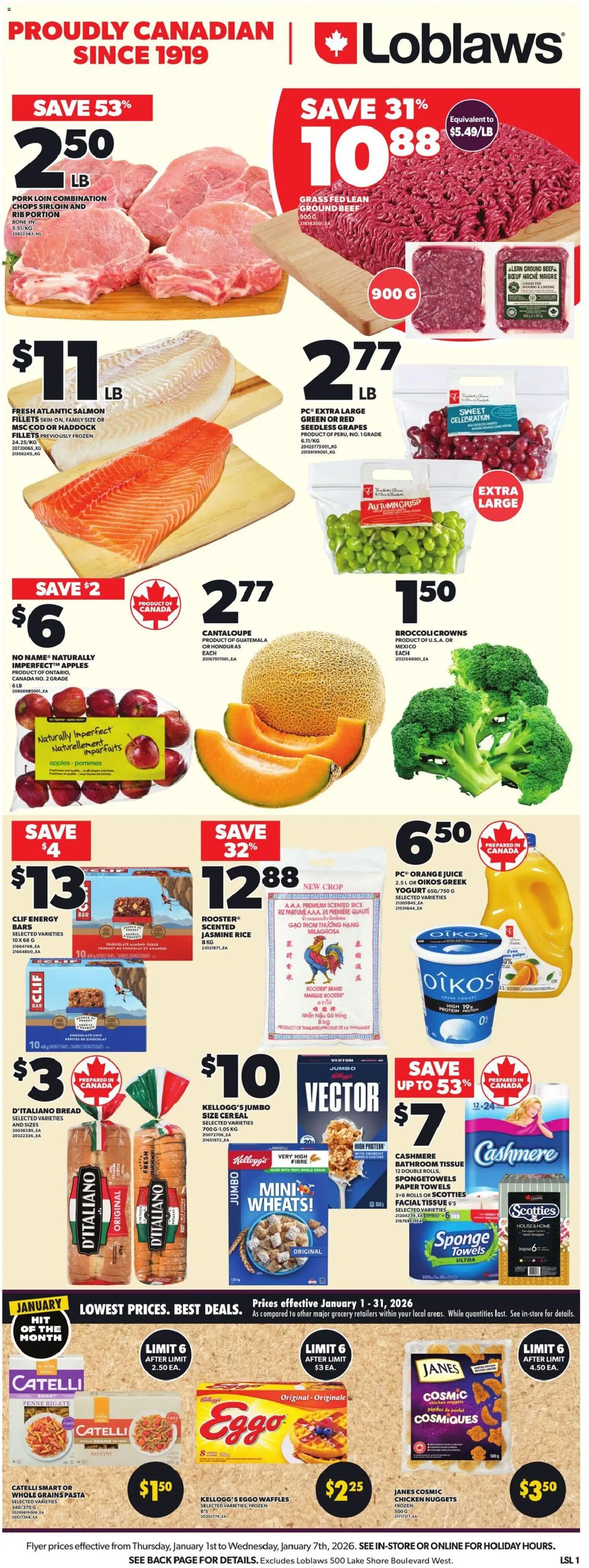 Loblaws flyer valid from 01.01.2026 | Page: 3 | Products: Rice, Beef, Bread, Juice
