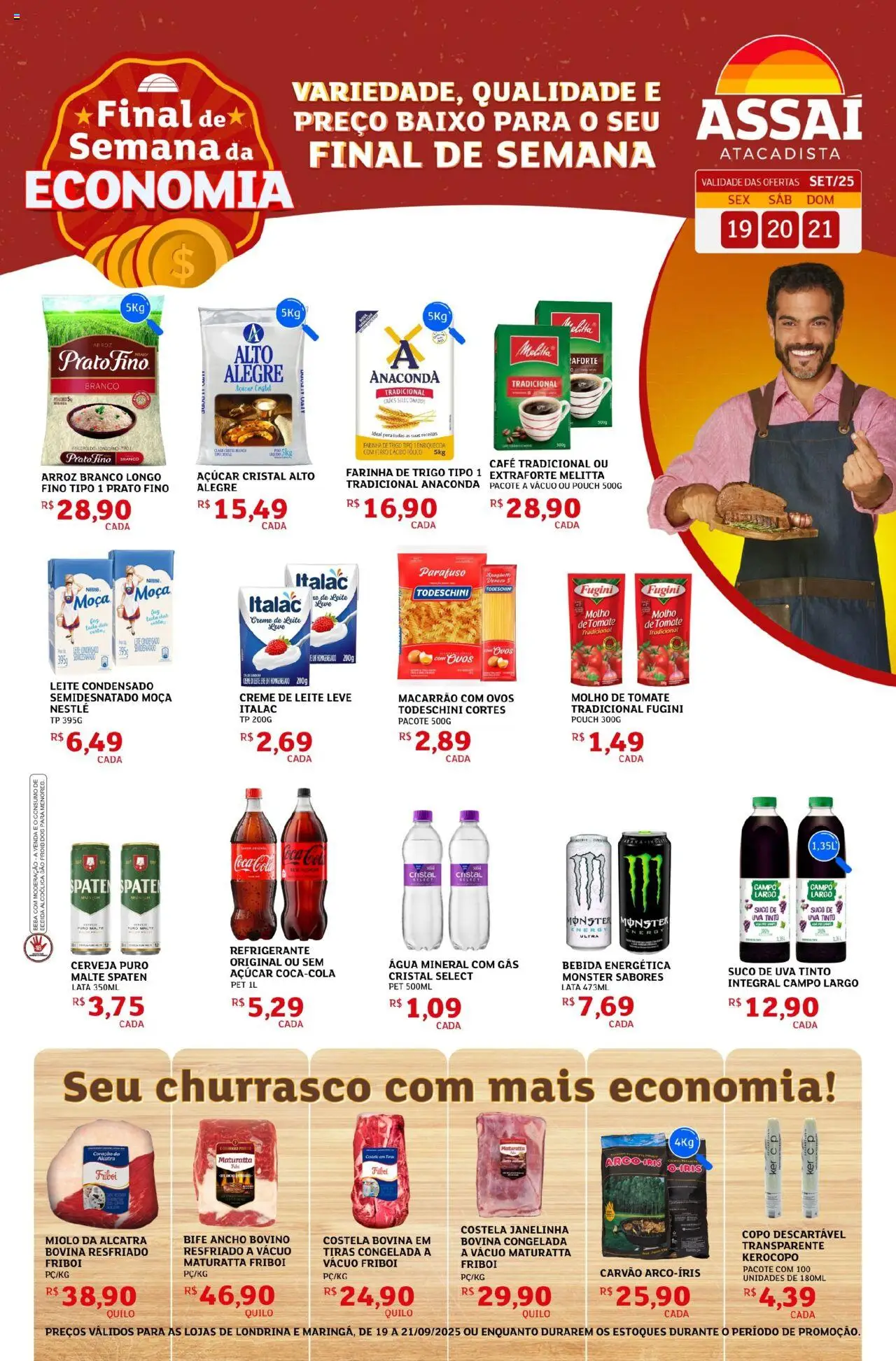 Assaí Atacadista Folheto - válido de 19.09.2025 | Página: 1 | Produtos: Arroz, Macarrão, Bebida, Refrigerante