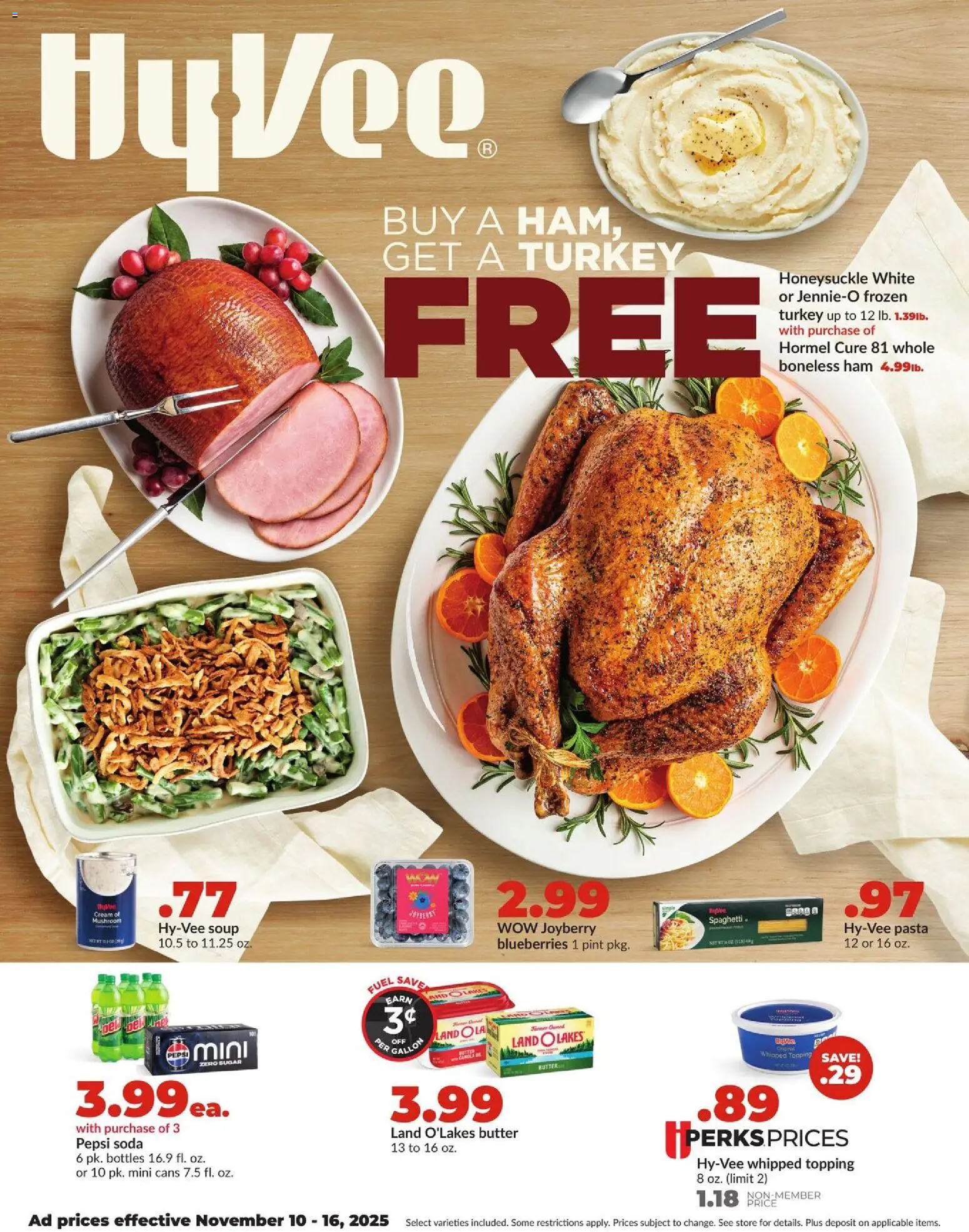 HyVee Weekly Ad - valid from 10.11.2025 | Page: 1 | Products: Butter, Pasta, Sugar, Blueberries