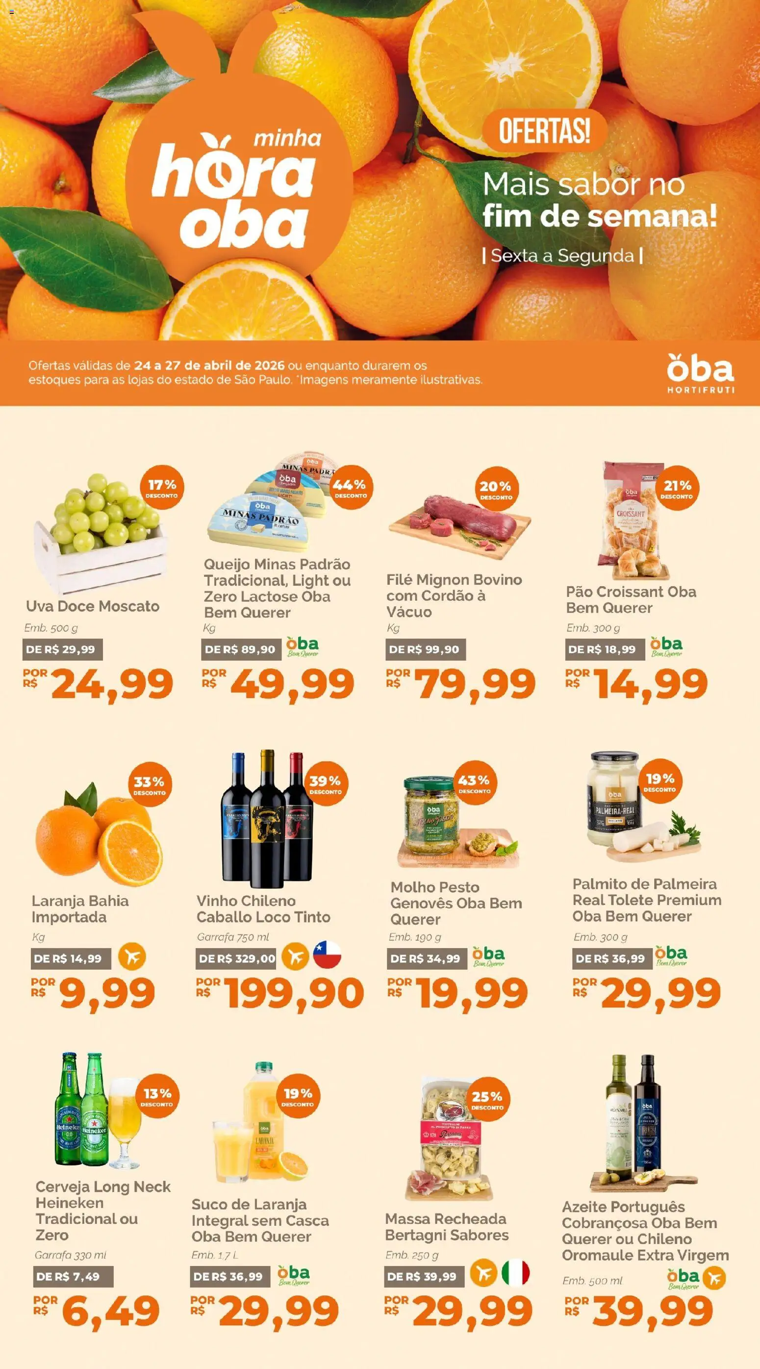 Oba Hortifruti Folheto - válido de 24.04.2026 | Página: 1 | Produtos: Filé mignon, Queijo, Pão, Cerveja