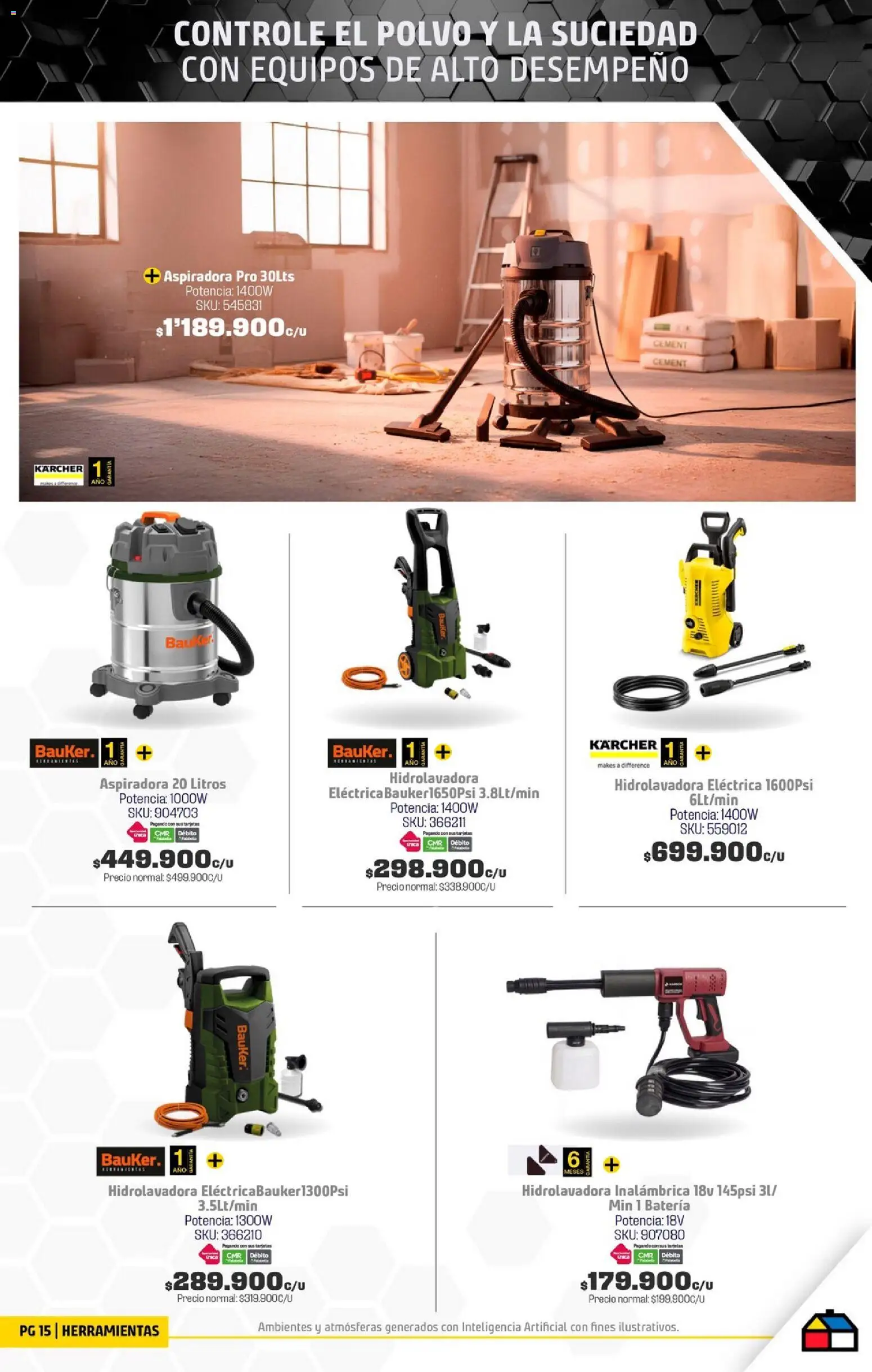 Homecenter revista - valida desde el 11.11.2025 | Página: 15 | Productos: Hidrolavadora, Aspiradora, Batería, Polvo