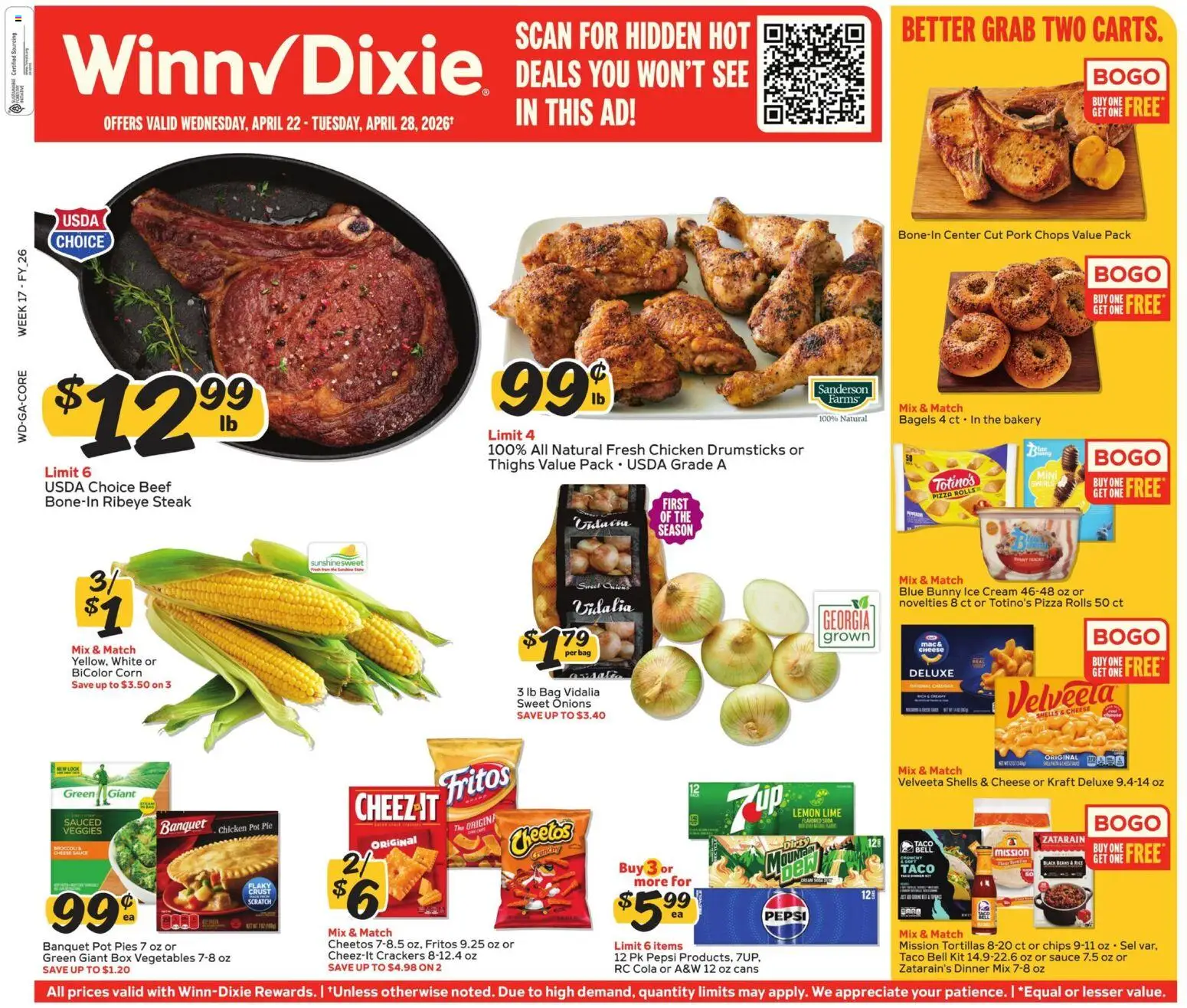 Winn Dixie Weekly Ad - valid from 22.04.2026 | Page: 1 | Products: Corn, Pizza, Cream, Vegetables