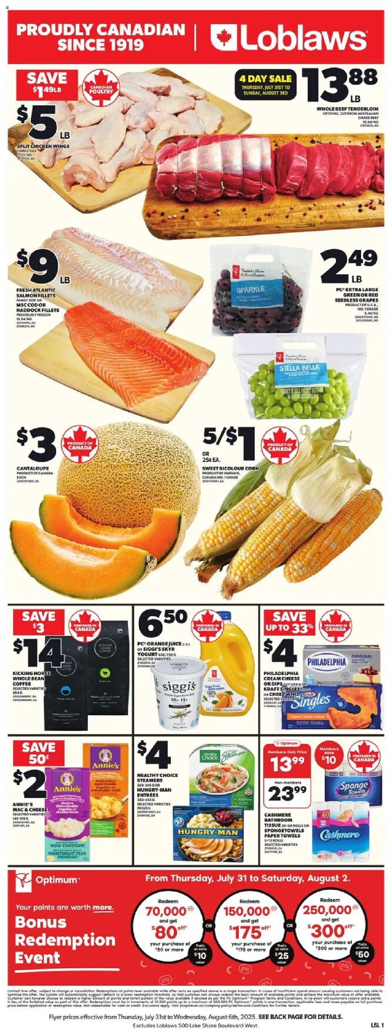 Loblaws flyer valid from 31.07.2025 | Page: 3 | Products: Beef, Cream, Yogurt, Juice