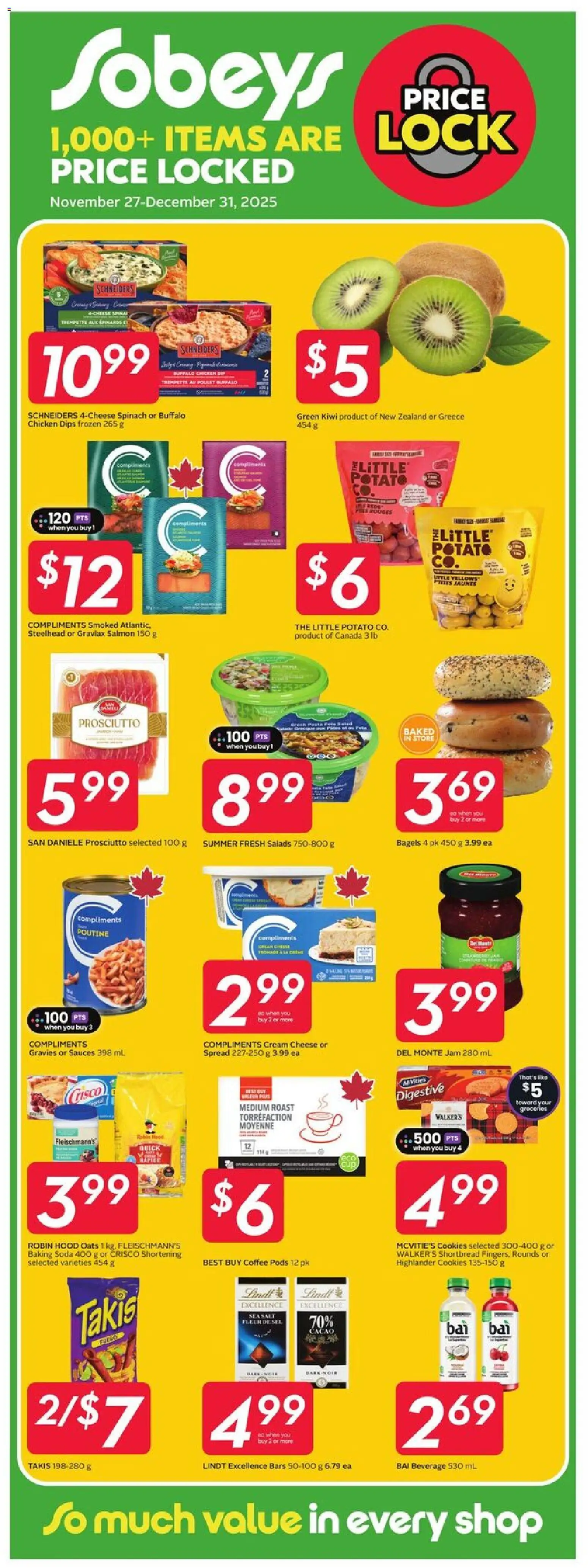 Sobeys flyer valid from 27.11.2025 | Page: 15 | Products: Kiwi, Cream, Cheese, Chicken