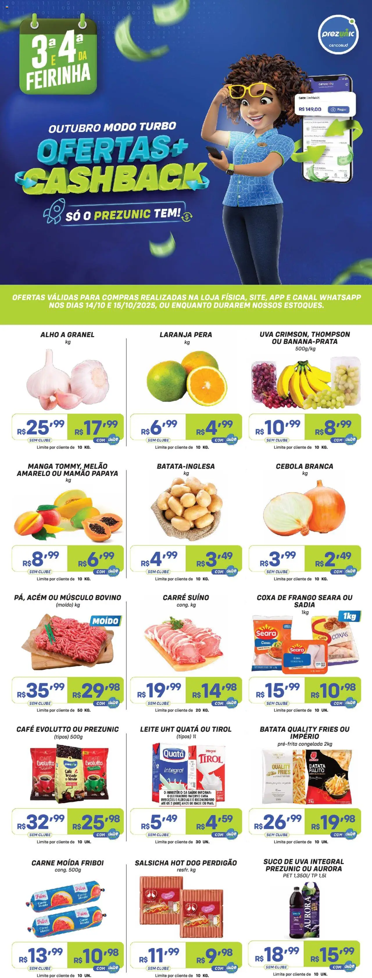 Prezunic Folheto - válido de 14.10.2025 | Página: 1 | Produtos: Pera, Leite, Mamão, Carne moida friboi