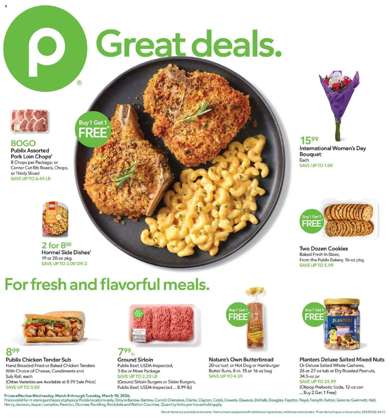 Publix Weekly Ad - valid from 04.03.2026 | Page: 1 | Products: Butter, Pork, Nuts, Bag